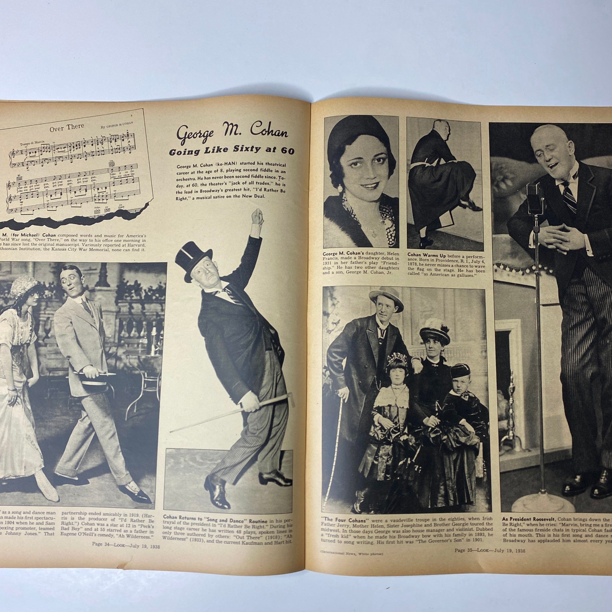 Interior pages of Look Magazine from July 19, 1938, showcasing George M. Cohan's life at 60 with images of him performing. Highlights Cohan's contribution to American theater with a brief biography.