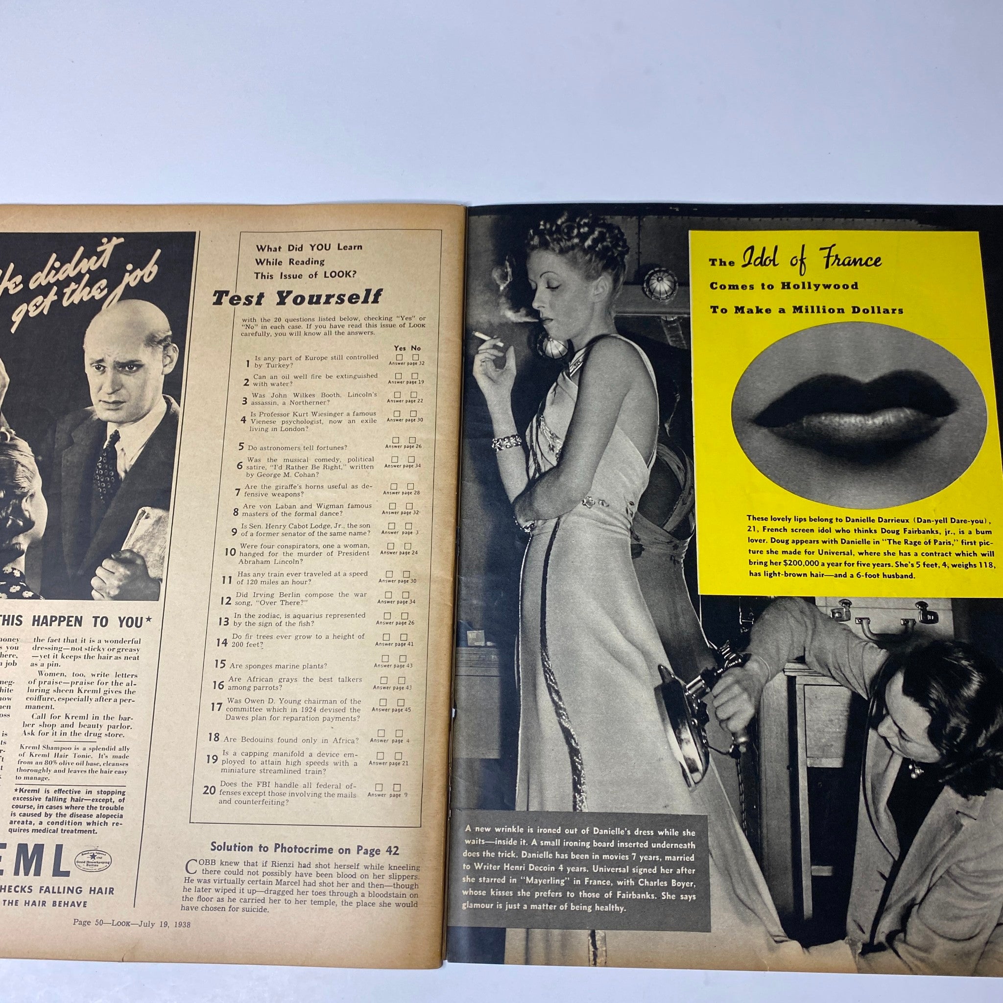 Page from Look Magazine dated July 19, 1938 featuring a test yourself section and glamorous image of a woman smoking, associated with the Marlene Dietrich cover. This original issue showcases the iconic actress at the height of her fame.