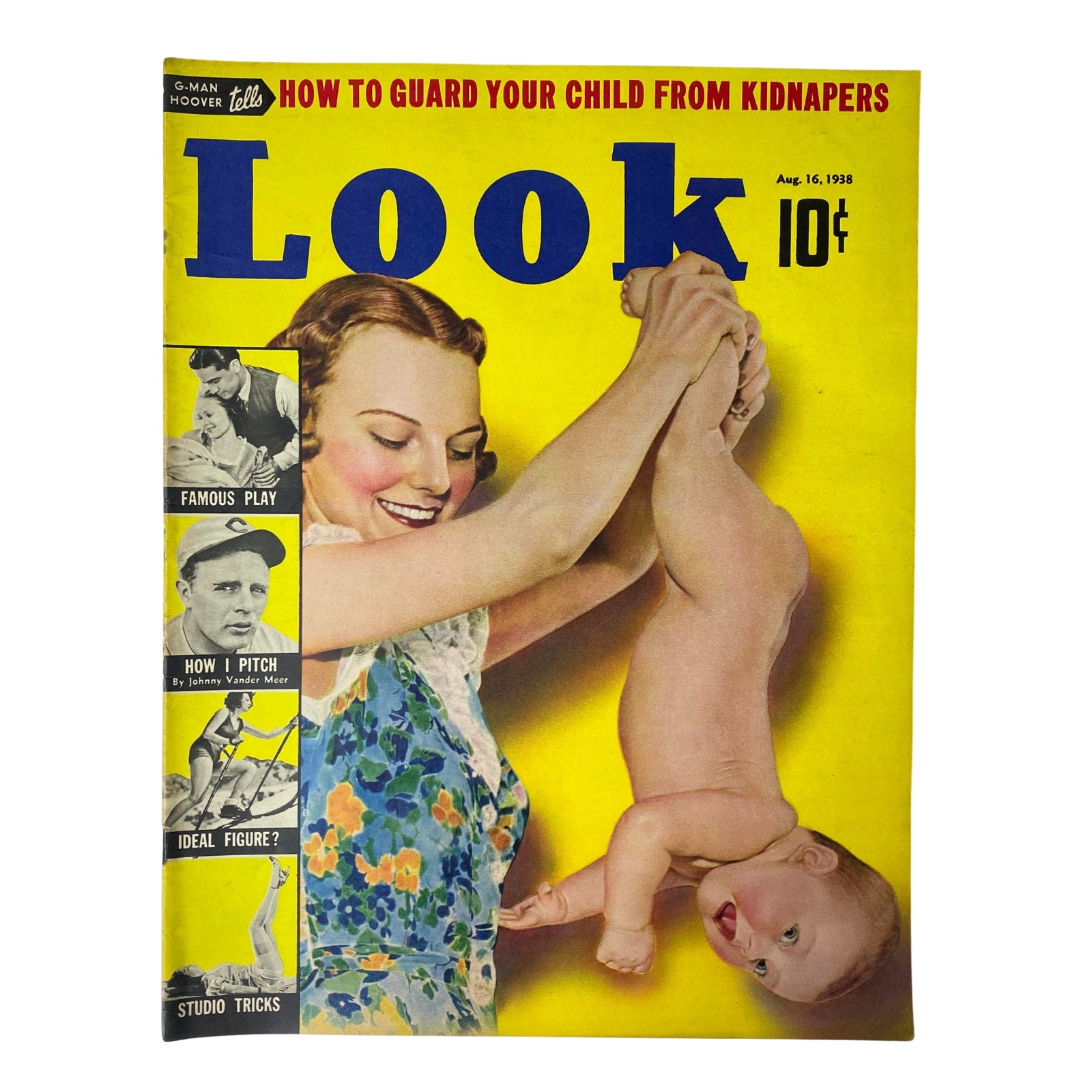 Look Magazine August 16, 1938 cover featuring a vibrant illustration of a smiling woman playfully holding a baby, with headlines about child safety and articles on famous plays and baseball pitching by Johnny Vander Meer.
