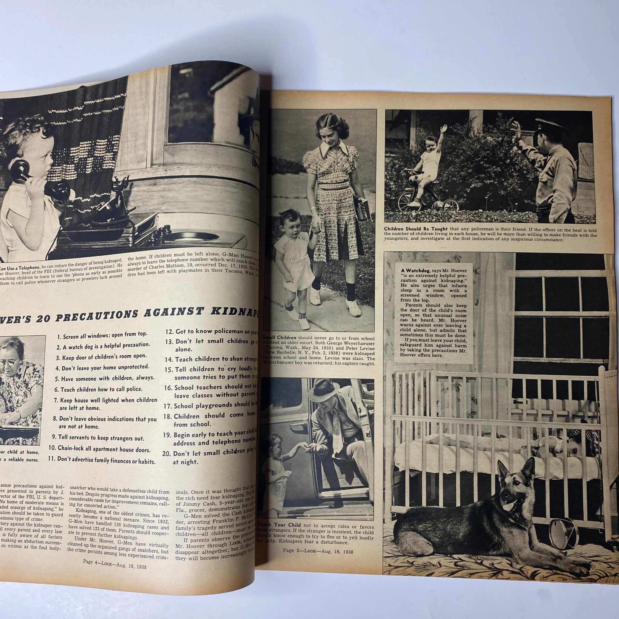 Inside page of Look Magazine August 16, 1938 displaying G-Man Hoover's tips on child safety, showing black-and-white photos of children playing and various safety measures, highlighting the era's focus on protecting children.