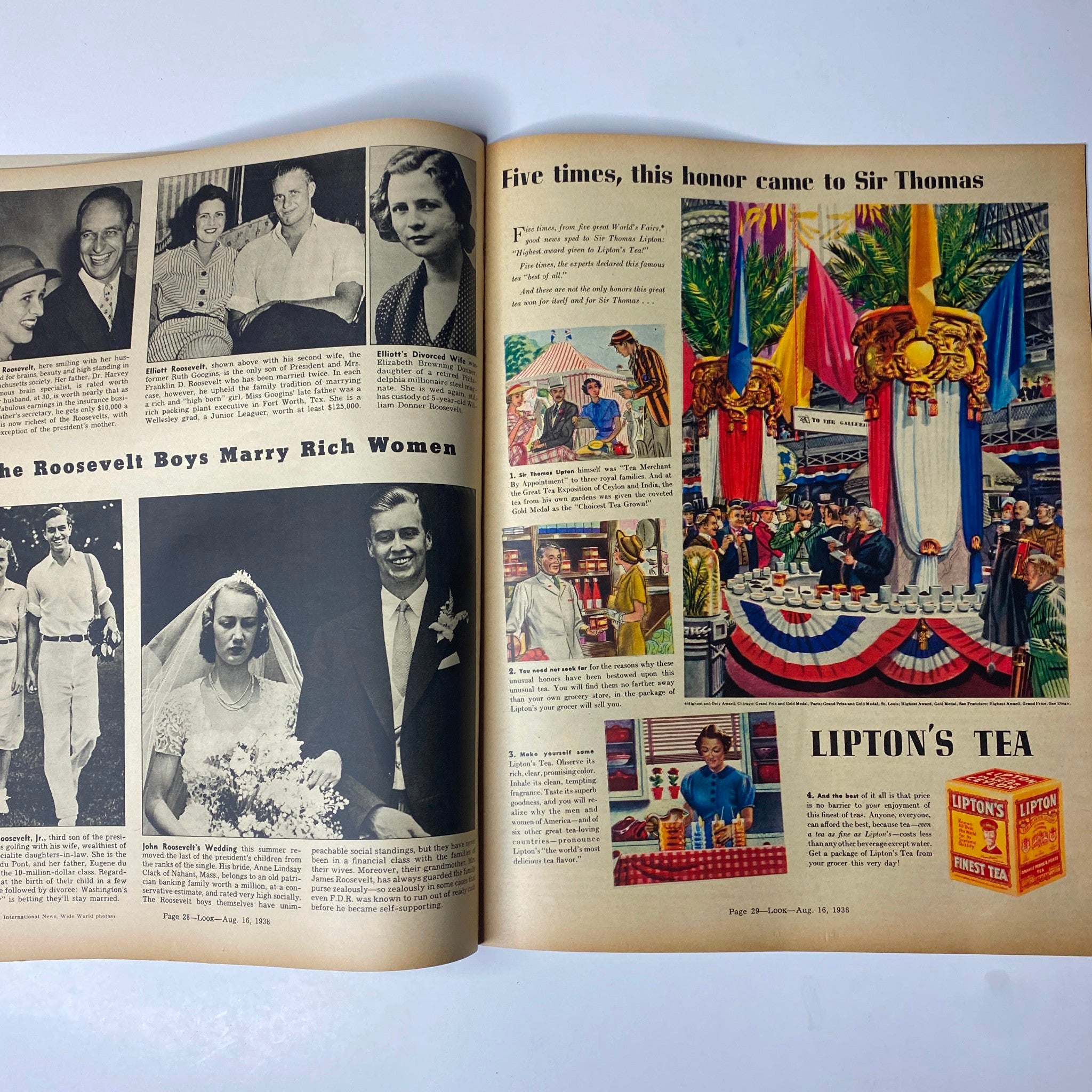 Another inside page from Look Magazine August 16, 1938 featuring images of the Roosevelt family and an illustration discussing Lipton's Tea, reflecting social themes and public interests of the late 1930s.