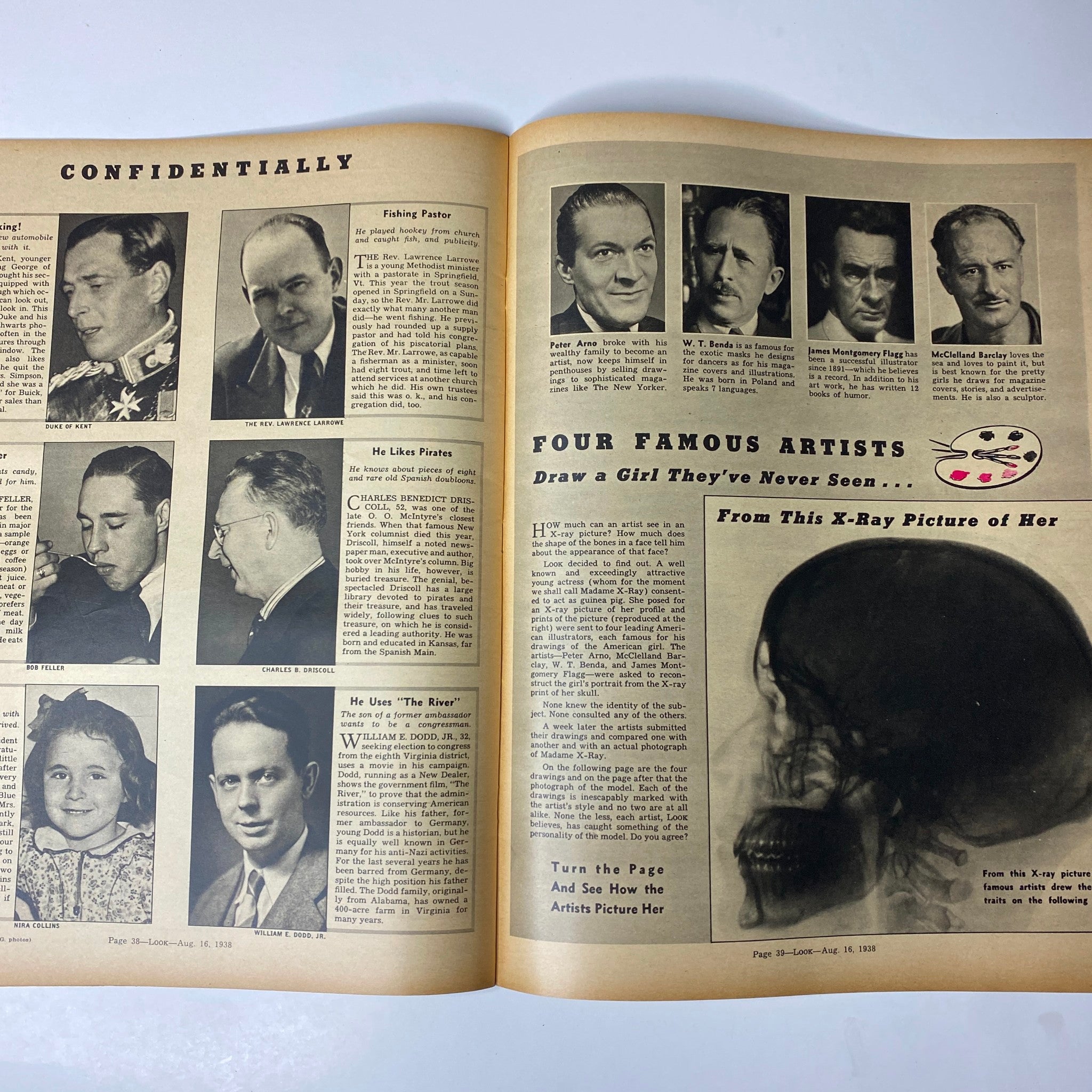 Look Magazine August 16, 1938 features a two-page spread titled 'Confidentially' showcasing various notable figures and their attributes alongside 'Four Famous Artists' segment. This page captures the essence of mid-20th century journalism.