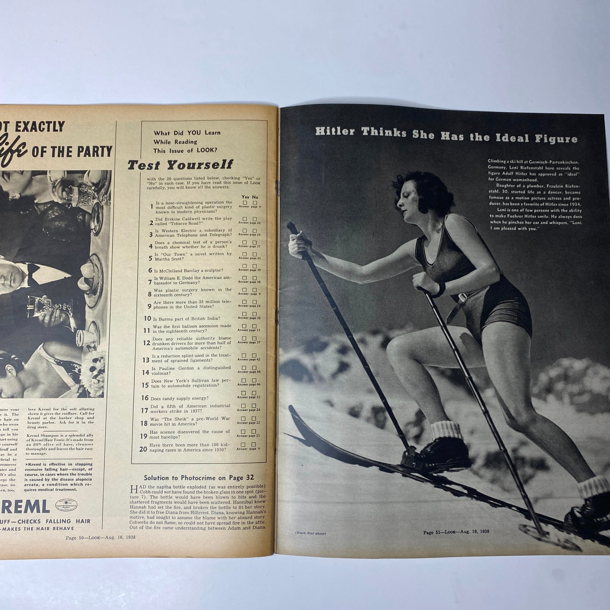 Look Magazine August 16, 1938 displays a two-page spread with a segment titled 'Hitler Thinks She Has the Ideal Figure,' featuring a woman skiing, highlighting American lifestyle and beauty standards from the 1930s.