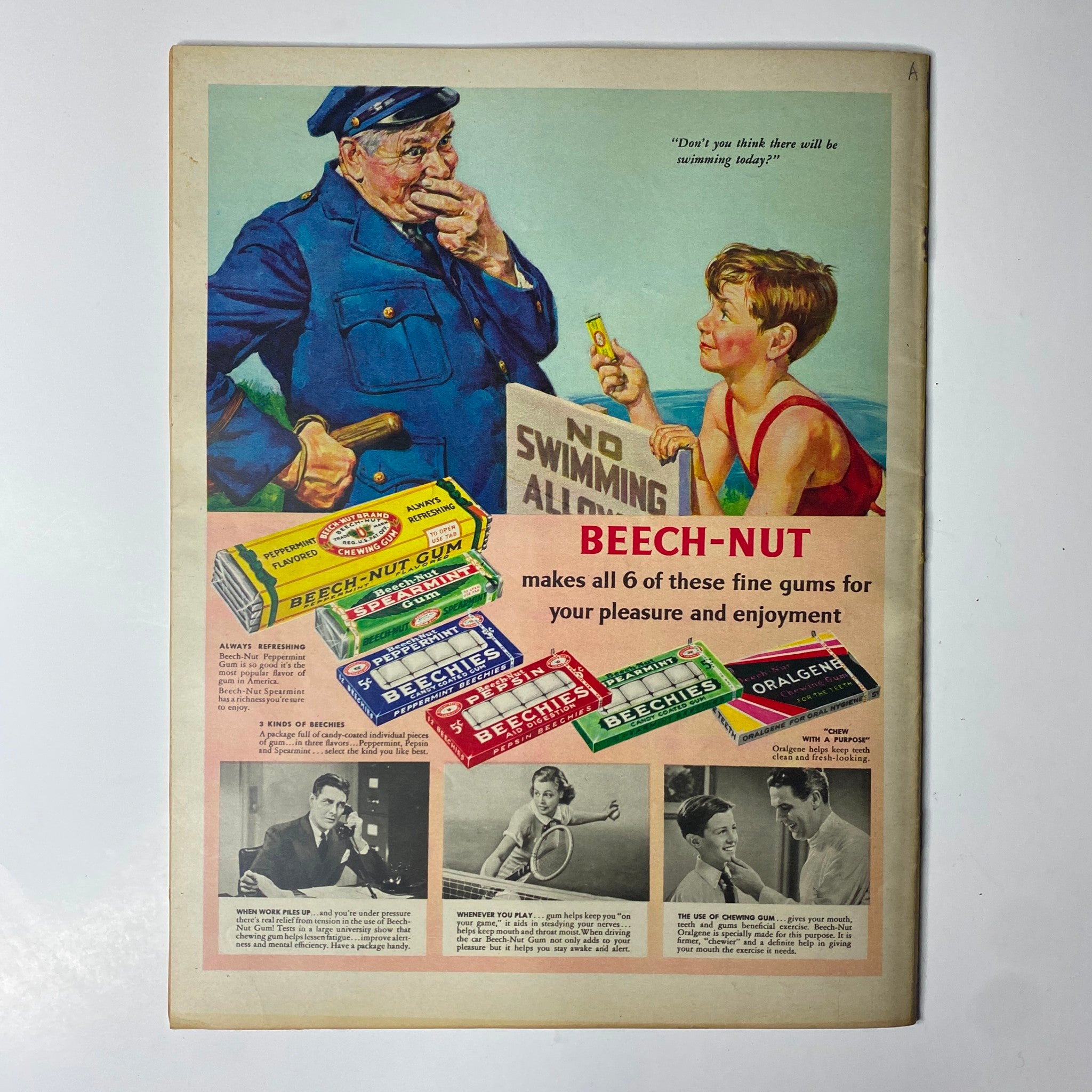 Look Magazine August 16, 1938 includes an advertisement for Beech-Nut chewing gum featuring a playful interaction between a boy and a police officer, demonstrating vintage marketing strategies from the late 1930s.