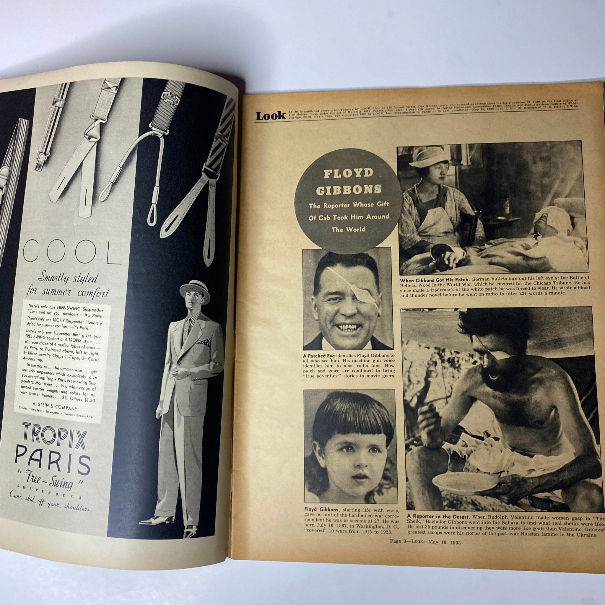 Interior page from Look Magazine, May 10, 1938, highlighting an article about Floyd Gibbons, a renowned reporter. The page includes a mixture of photographs and text discussing Gibbons' adventurous life and reporting experiences, reflecting the magazine's blend of storytelling and visual journalism.