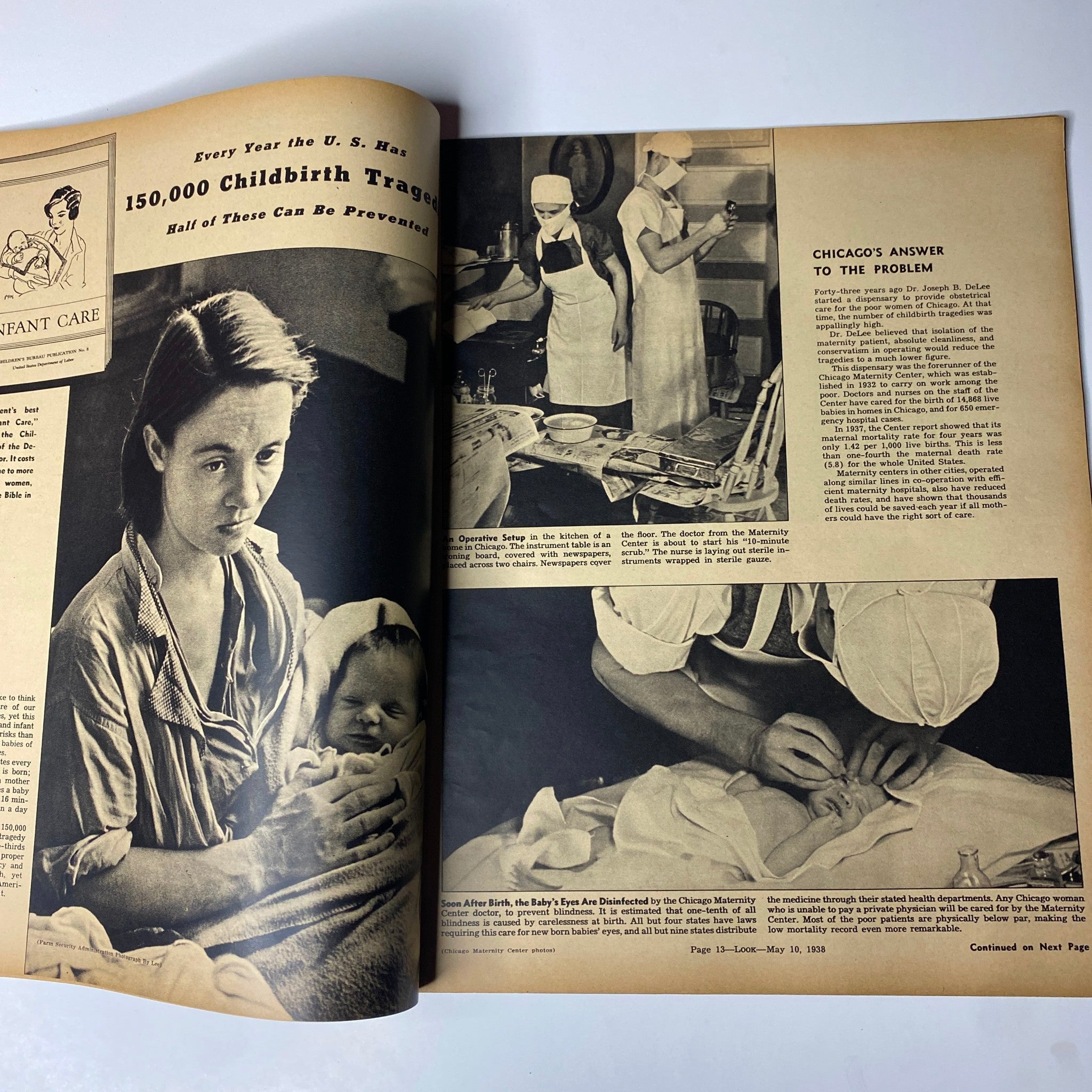 Look Magazine May 10, 1938 - A historical black and white image showing a woman holding her newborn baby, with a backdrop depicting a hospital maternity setup, illustrating the challenges of childbirth during that era.