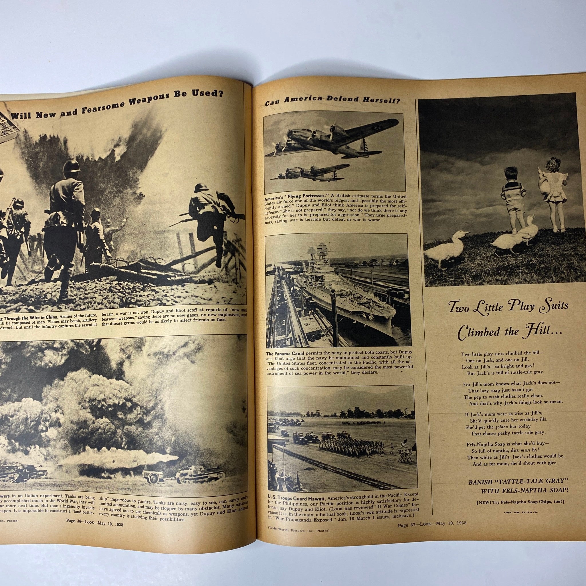 Look Magazine May 10, 1938 - An image capturing soldiers during wartime, alongside illustrations of military aircraft and naval ships, discussing advancements in weaponry and America's defense strategies.