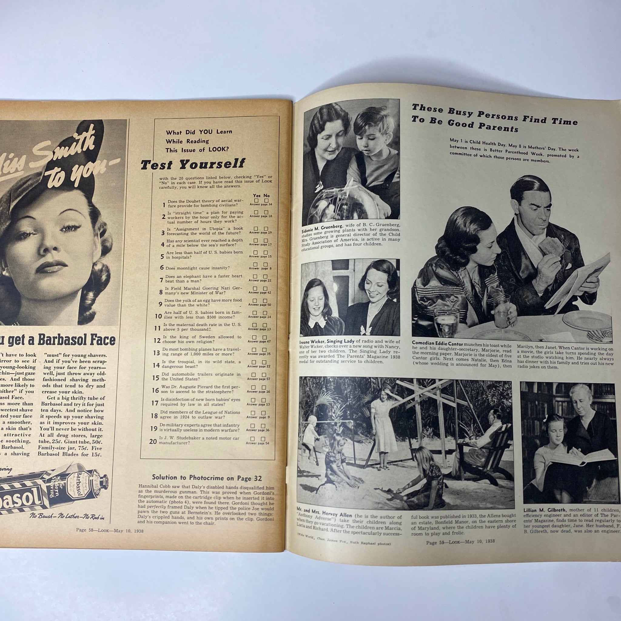 Look Magazine May 10, 1938 - A layout featuring a beauty advertisement and family activities, highlighting societal roles and parenting in the 1930s, alongside the magazine's engaging content for readers.