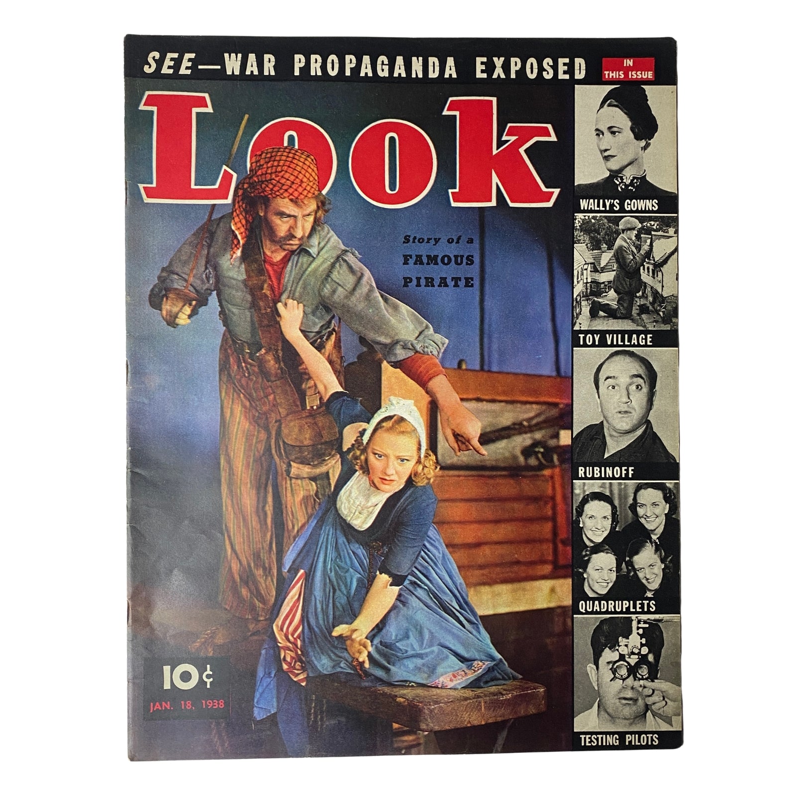 Cover of Look Magazine dated January 18, 1938 featuring the title 'Story of a Famous Pirate', showcasing a colorful illustration with pirates and historical themes, suitable for vintage magazine collectors.
