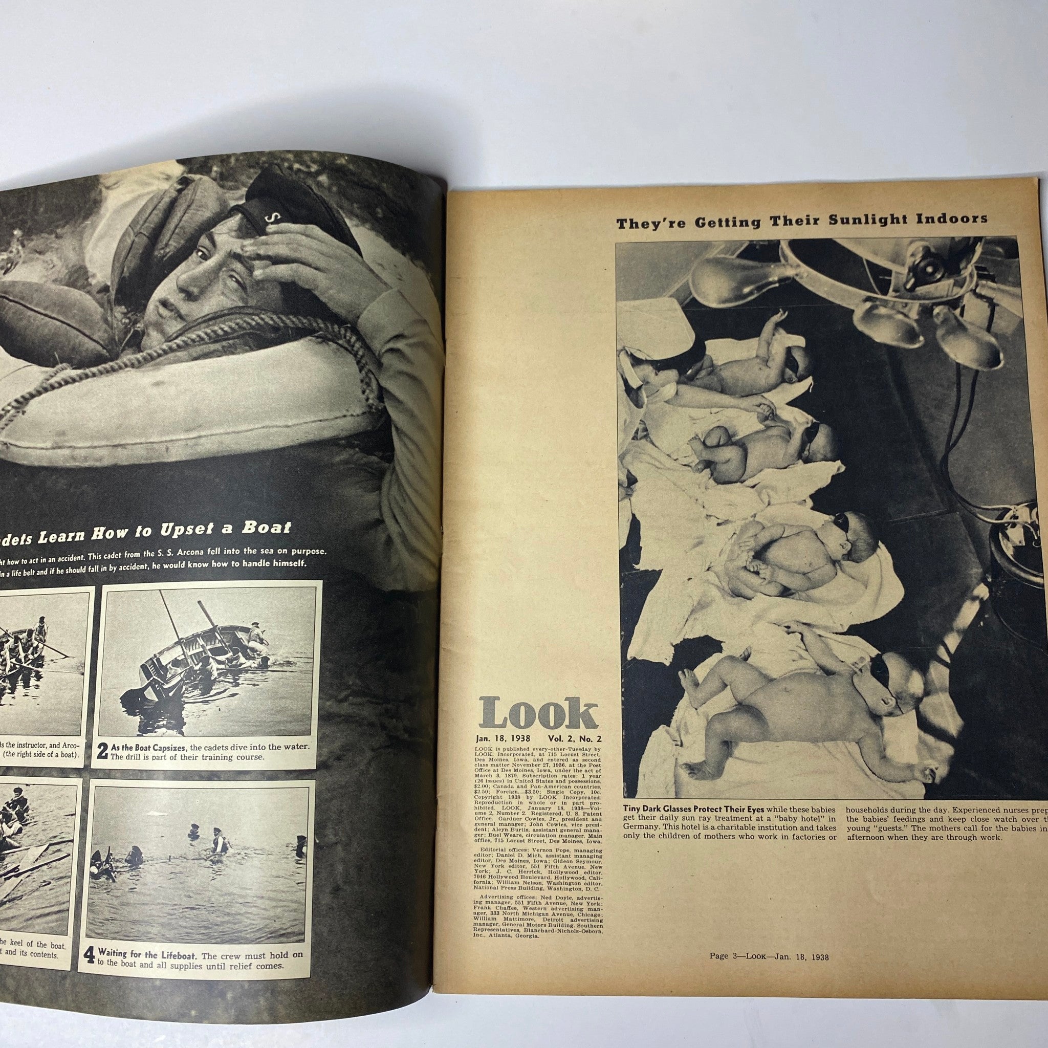 Look Magazine January 18, 1938 featuring a photo of cadets learning how to handle a boat, alongside historical imagery. The content explores themes of education and maritime skills.