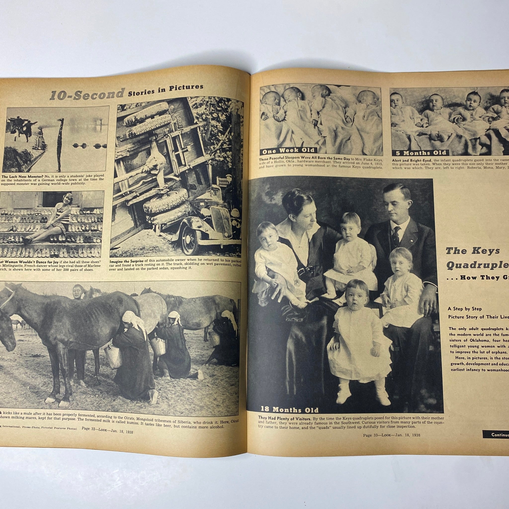 Look Magazine January 18, 1938 showcasing a selection of images related to child development and family life, emphasizing the Keys quadruplets and their early moments.