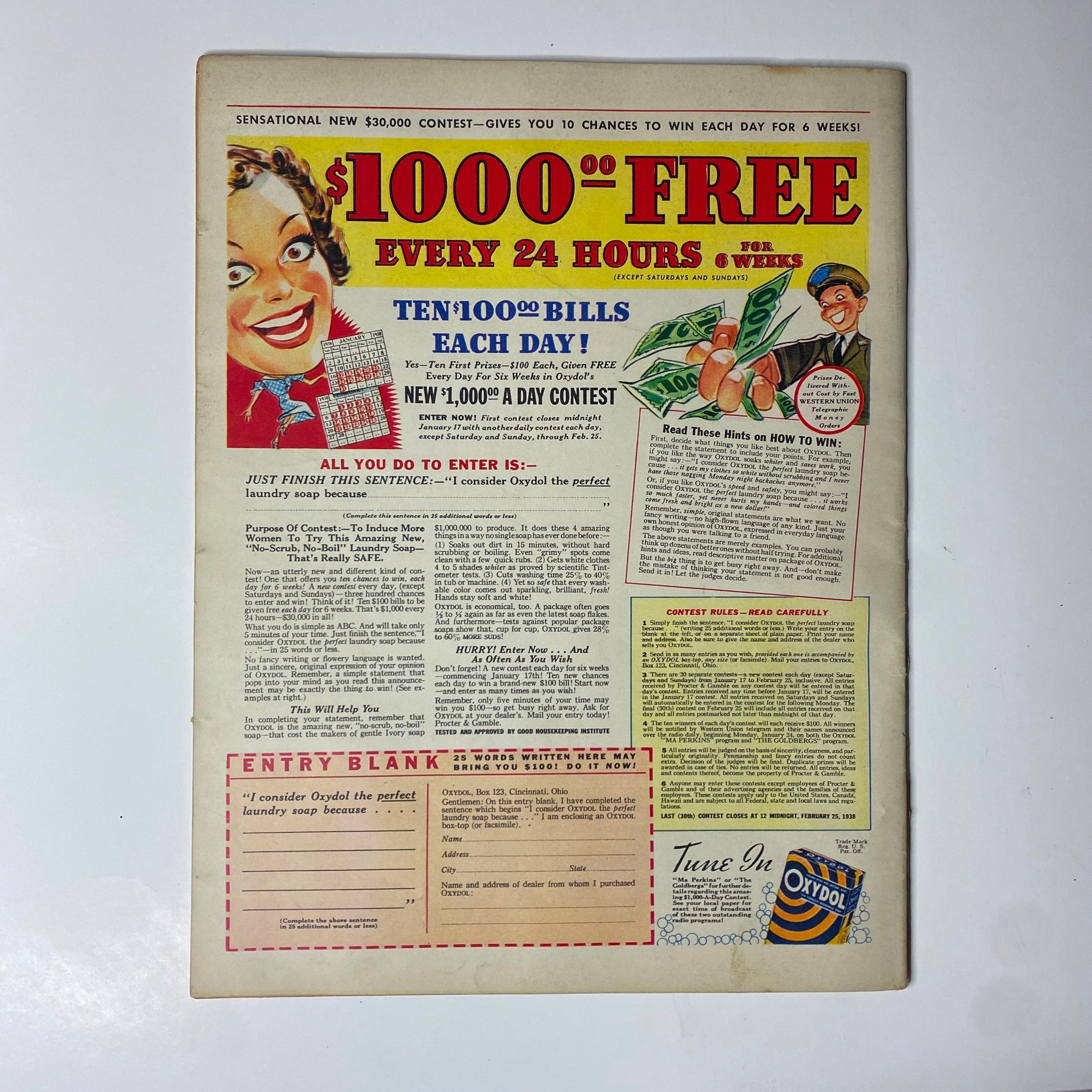 Look Magazine January 18, 1938 includes a colorful advertisement for a contest offering cash prizes, highlighting engaging marketing techniques of the era.