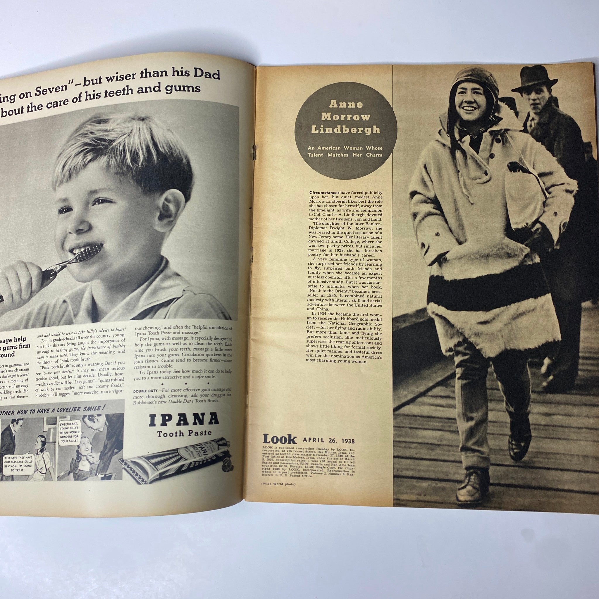 Interior page of Look Magazine from April 26, 1938, displaying an article featuring Anne Morrow Lindbergh, highlighting her contributions and charm, alongside vintage advertisements, showcasing the design and style of the era.