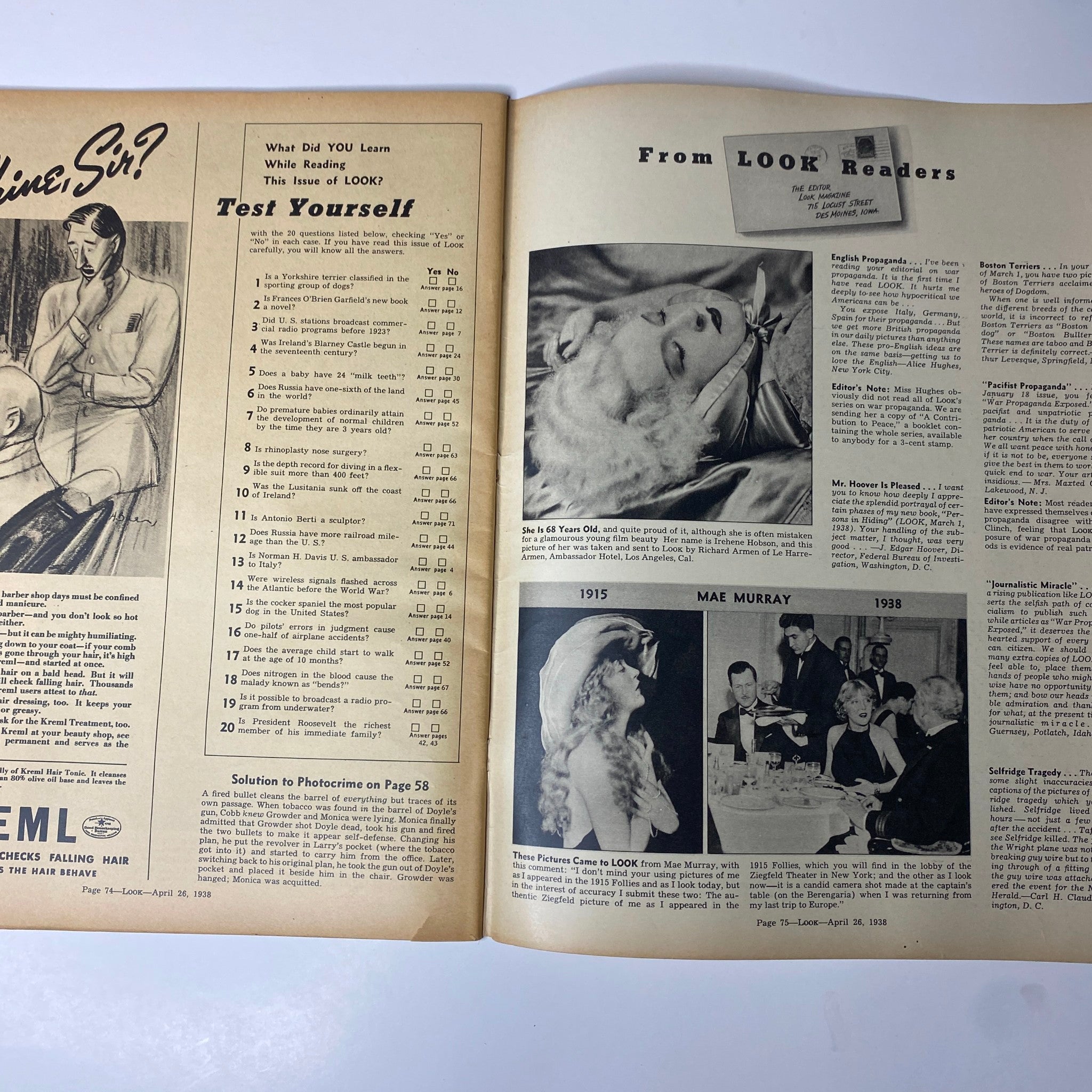 Reader submissions page from Look Magazine April 26, 1938, featuring a thought-provoking quiz and photos of celebrity Mae Murray, reflecting on media and audience engagement.
