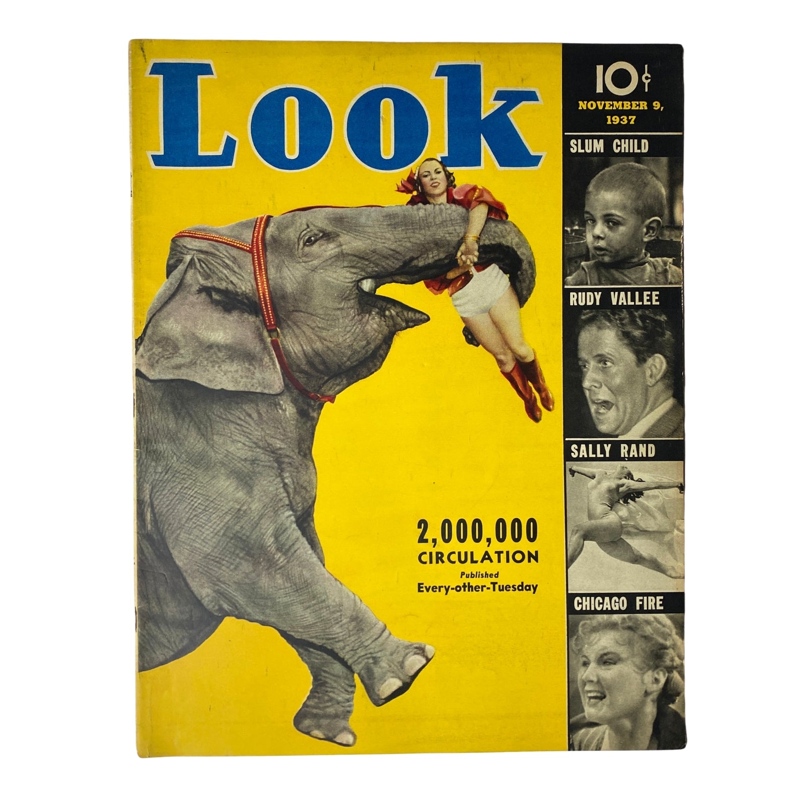 Look Magazine cover from November 9, 1937 featuring Rudy Vallee and Sally Rand, with an elephant and a woman on the front. The magazine illustrates American pop culture and celebrity in the late 1930s.