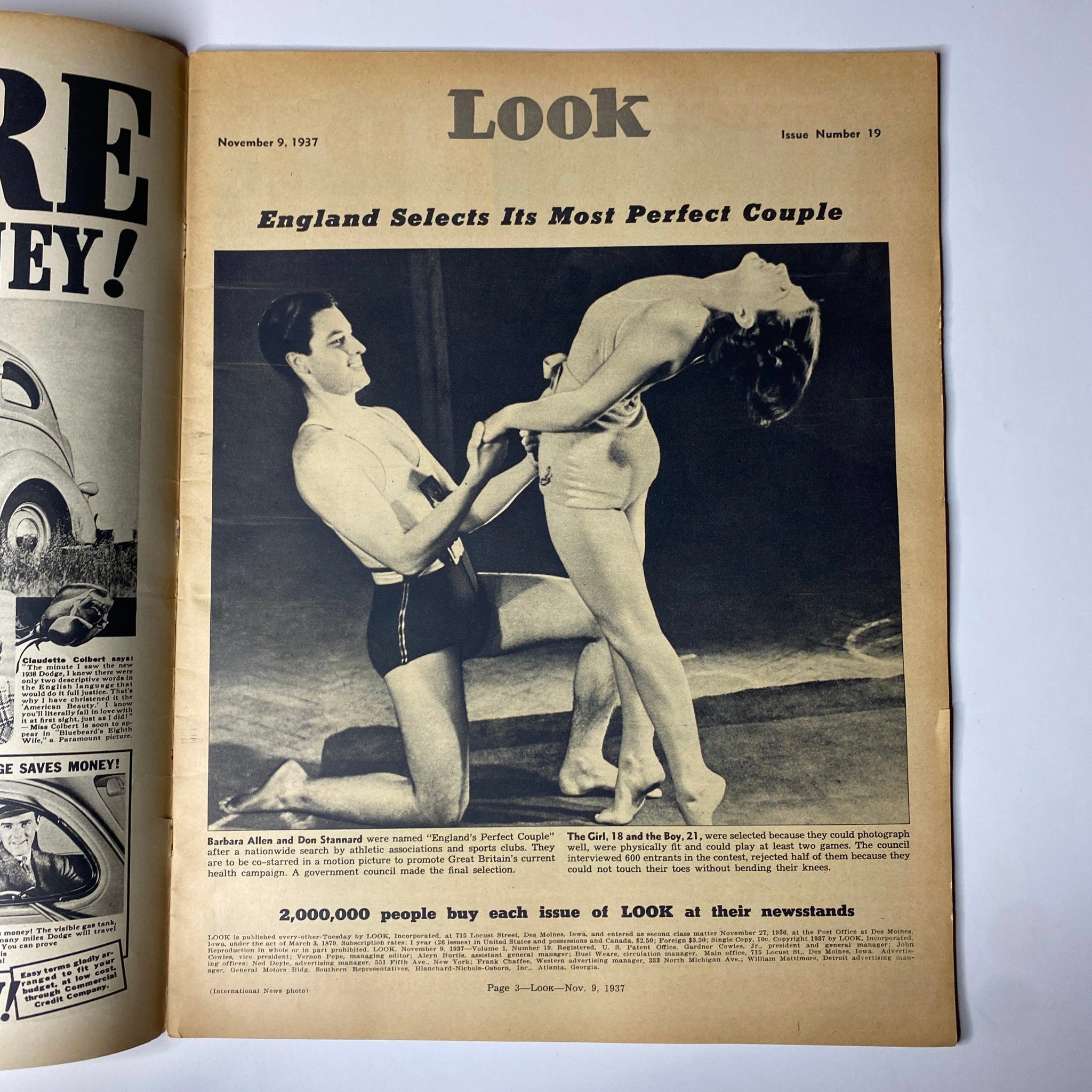 Interior page of Look Magazine from November 9, 1937 featuring the article 'England Selects Its Most Perfect Couple', showcasing a couple engaged in a dance pose, highlighting the magazine's focus on culture and entertainment.