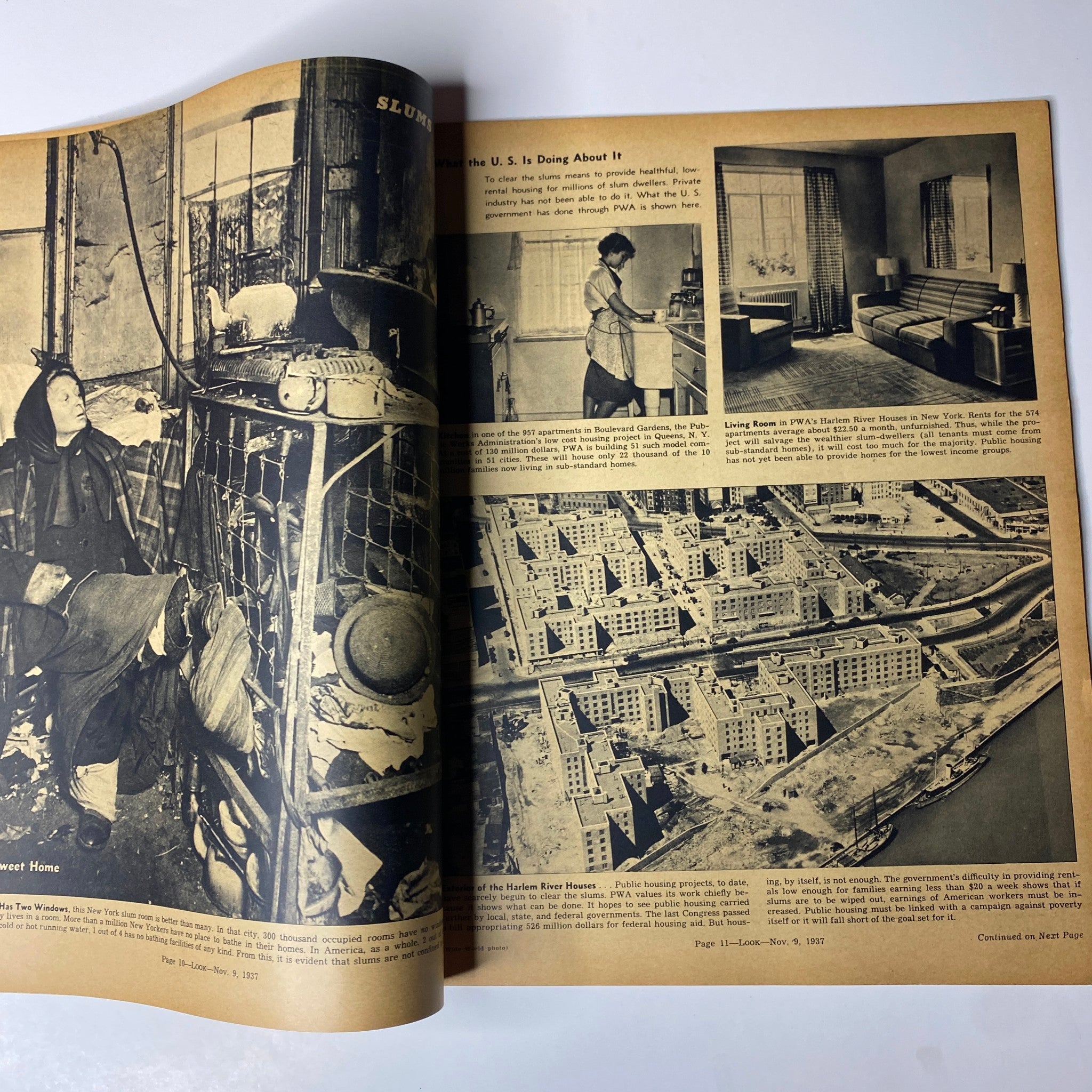 Look Magazine November 9, 1937 - Photo depicting living conditions in slums and government housing projects, highlighting social issues of the era.