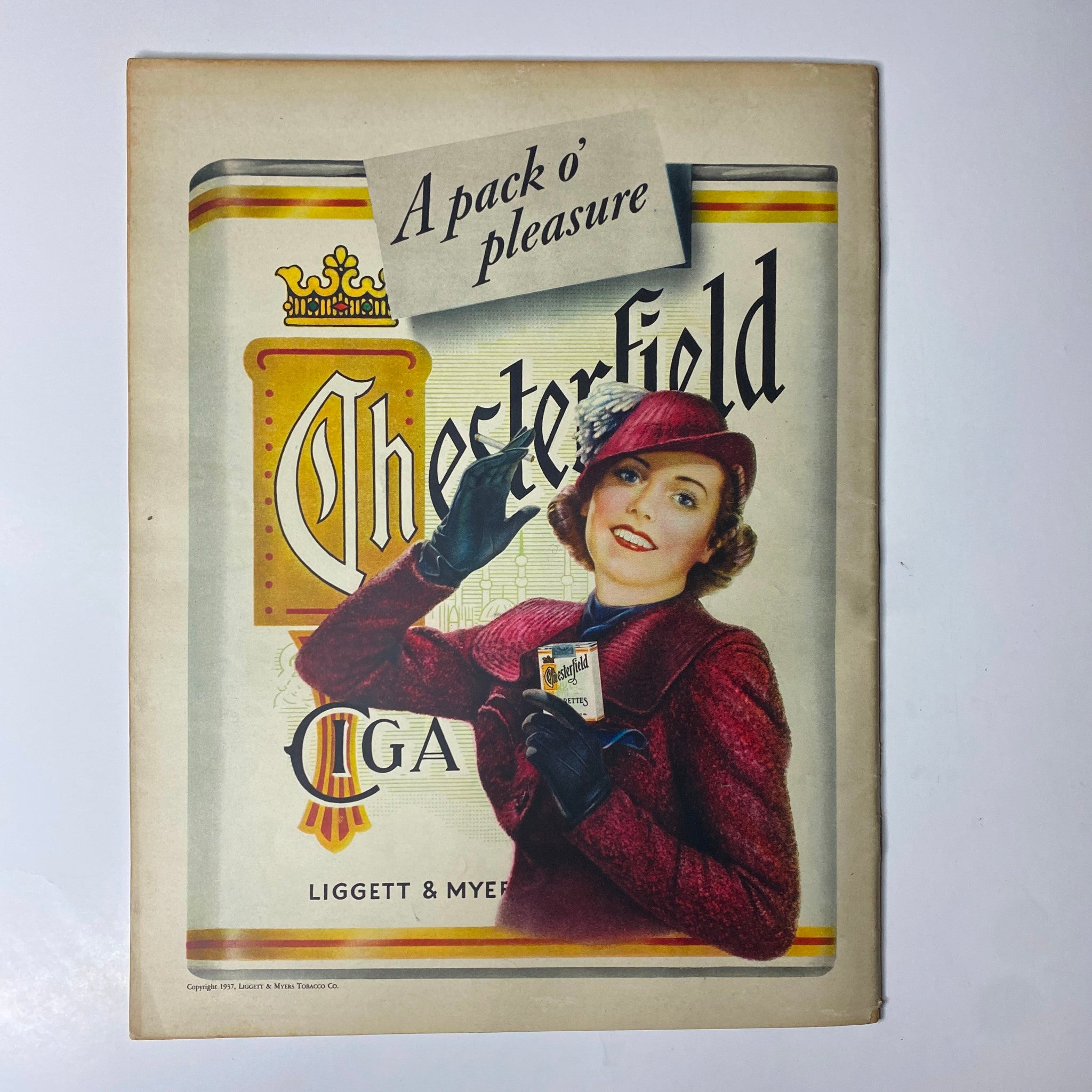 Look Magazine November 9, 1937 - Vintage advertisement for Chesterfield cigarettes featuring a woman in stylish attire, exemplifying 1930s marketing aesthetics.