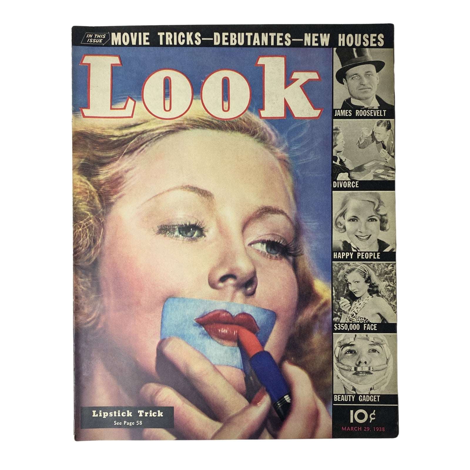 Look Magazine cover from March 29, 1938 featuring a beauty tutorial with a woman applying lipstick. The issue includes a feature on James Roosevelt, with highlights on divorce and happiness, and is in very good condition.