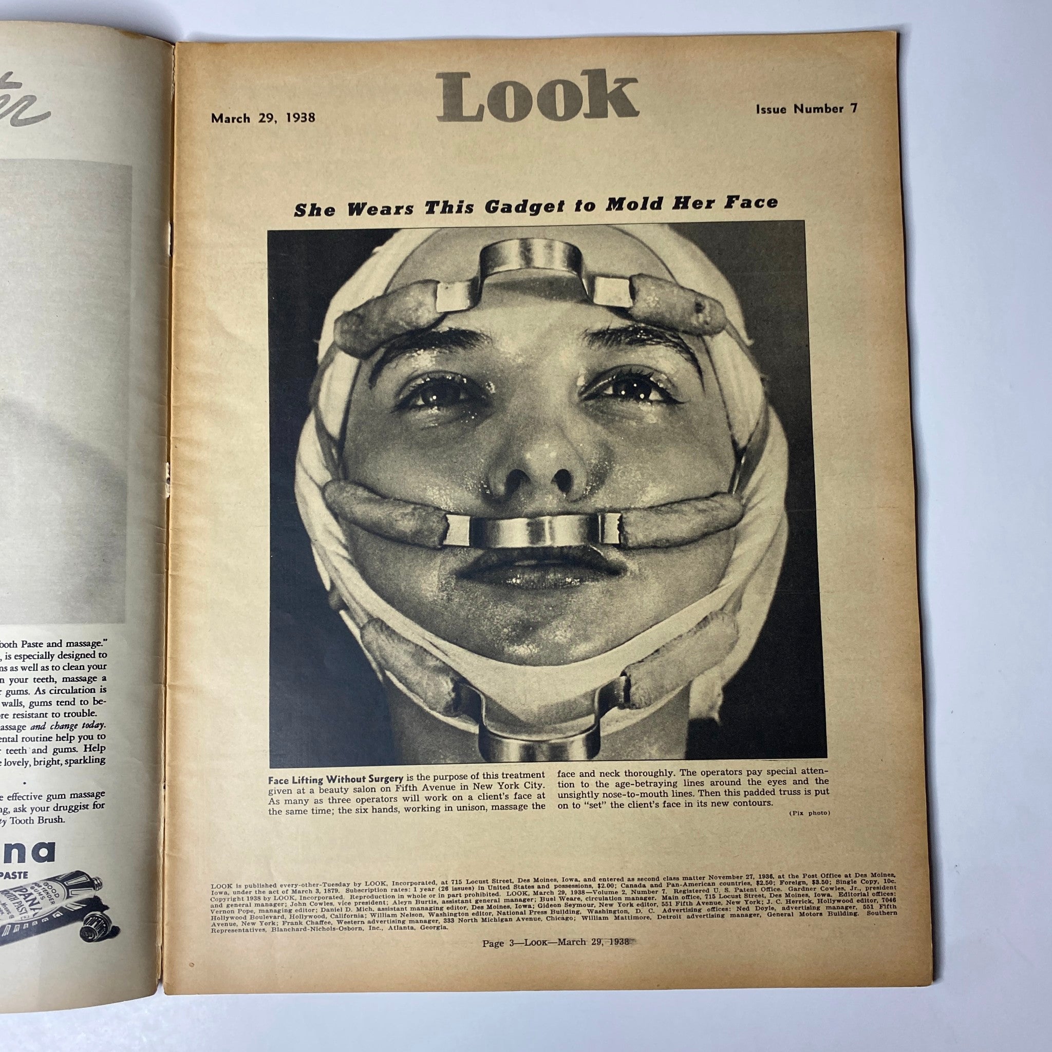 Look Magazine March 29, 1938 showcasing a woman wearing a facial gadget for skin molding, illustrating beauty techniques of the era.