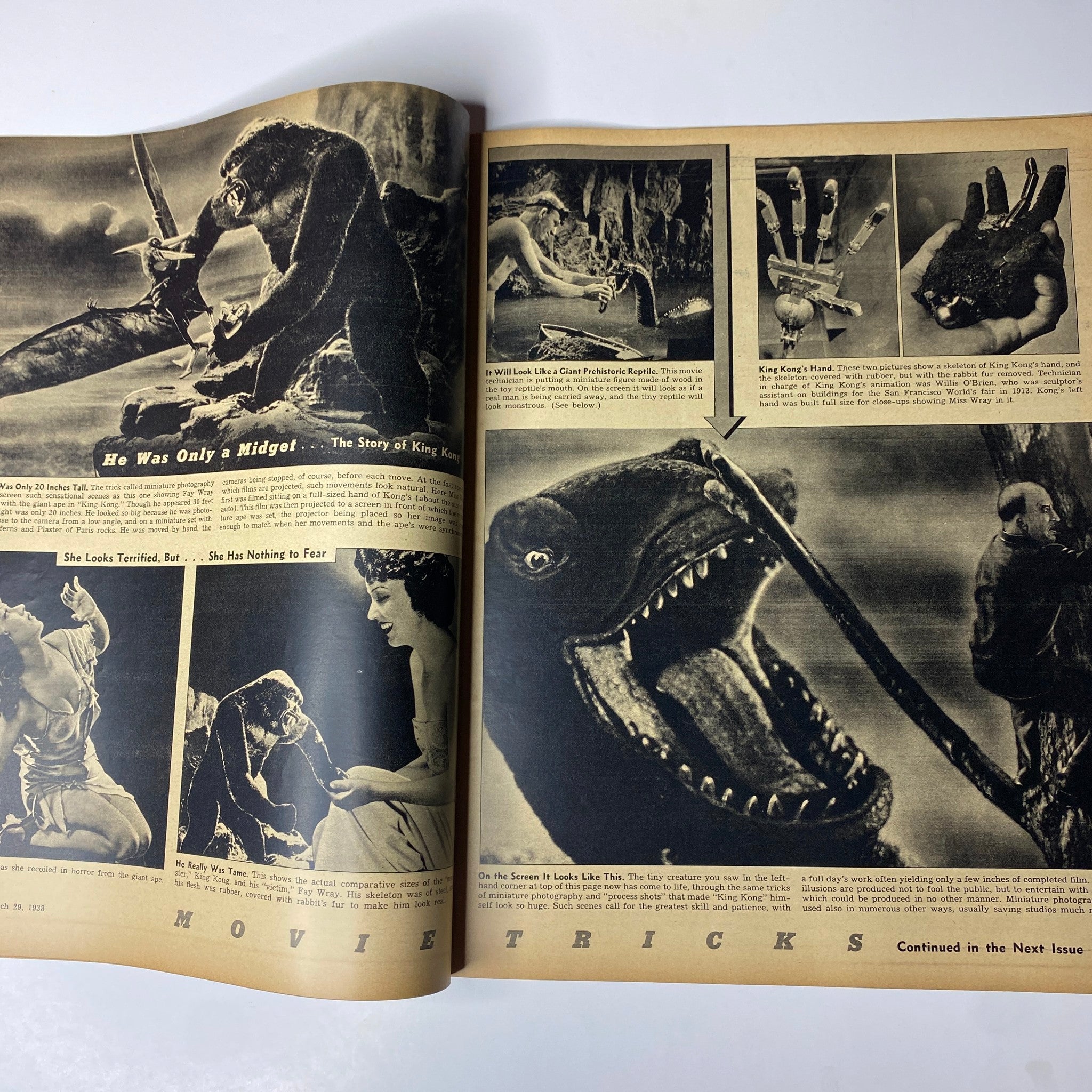 Look Magazine March 29, 1938 featuring a story about King Kong, displaying movie tricks and behind-the-scenes details of the iconic film.