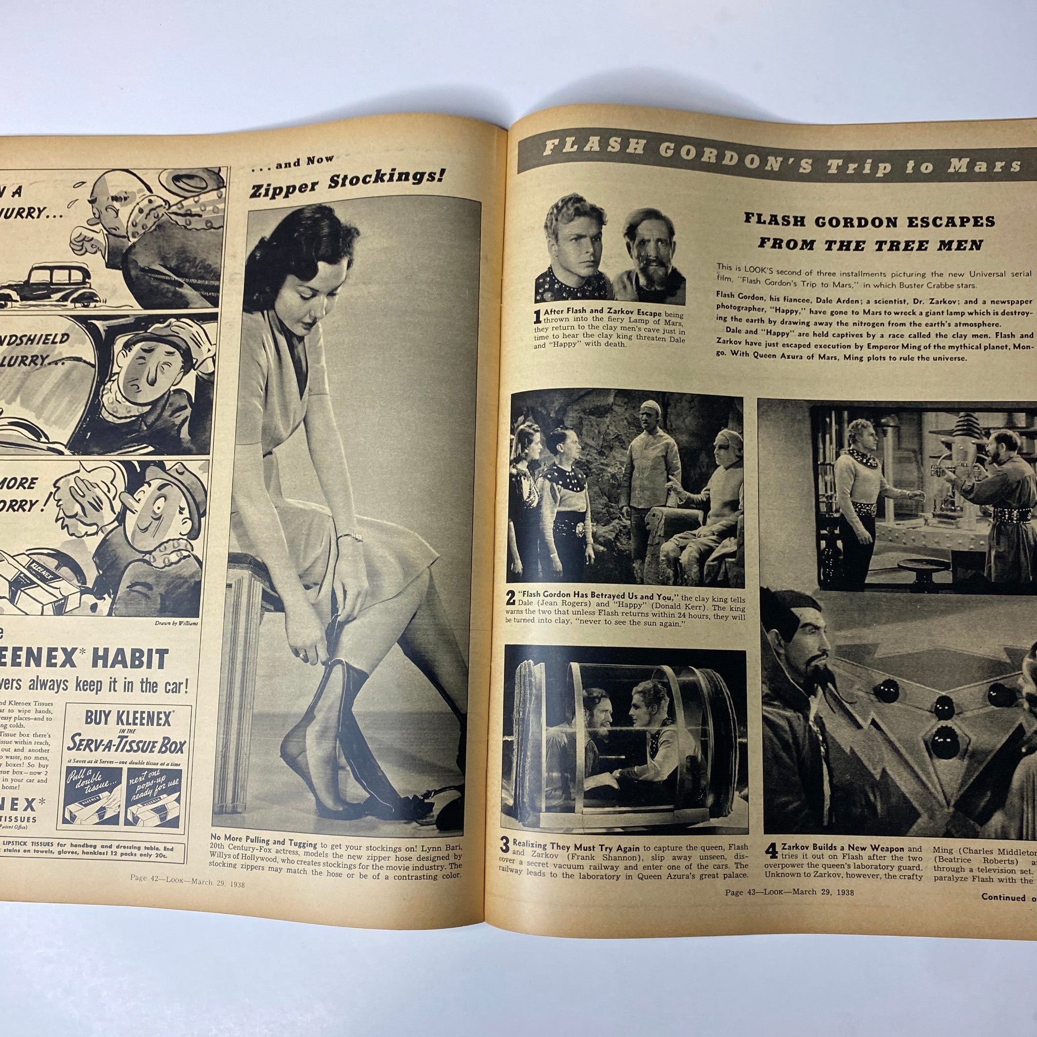 Look Magazine March 29, 1938 highlighting Flash Gordon's adventure in a serialized installment, with photos and narrative about the characters and scenes.