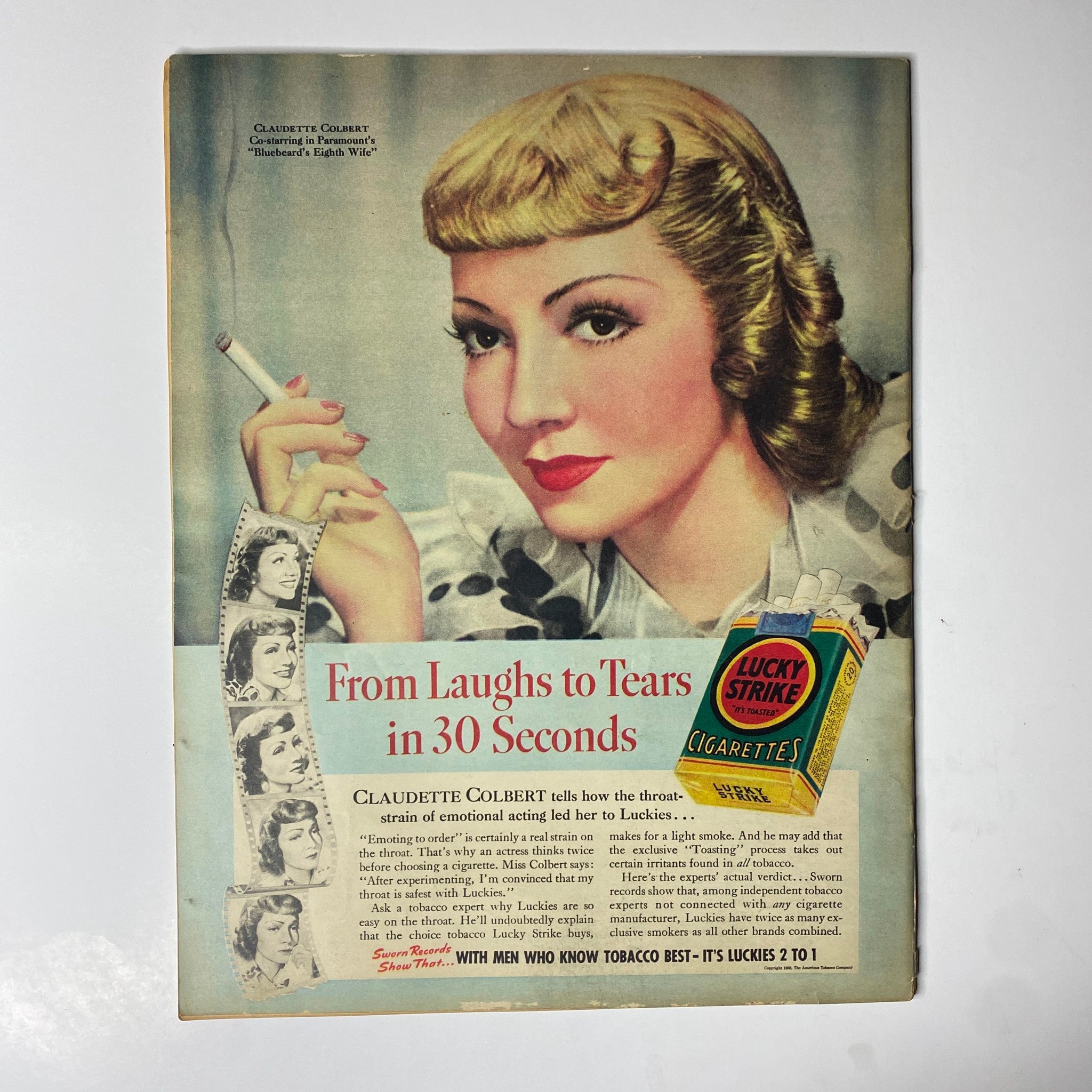 Look Magazine March 29, 1938 with an advertisement featuring actress Claudette Colbert promoting Lucky Strike cigarettes, capturing the glamour of the time.