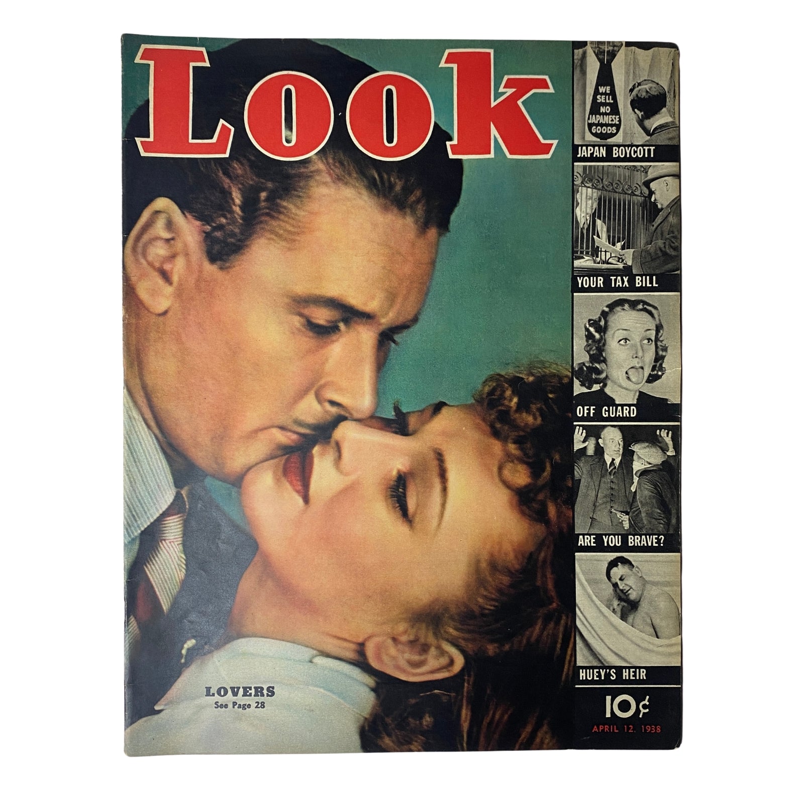 Cover of Look Magazine dated April 12, 1938, featuring an intimate moment between a couple, with headlines discussing Japan Boycott and Huey's Heir. The magazine is in very good condition, with no mailing label.