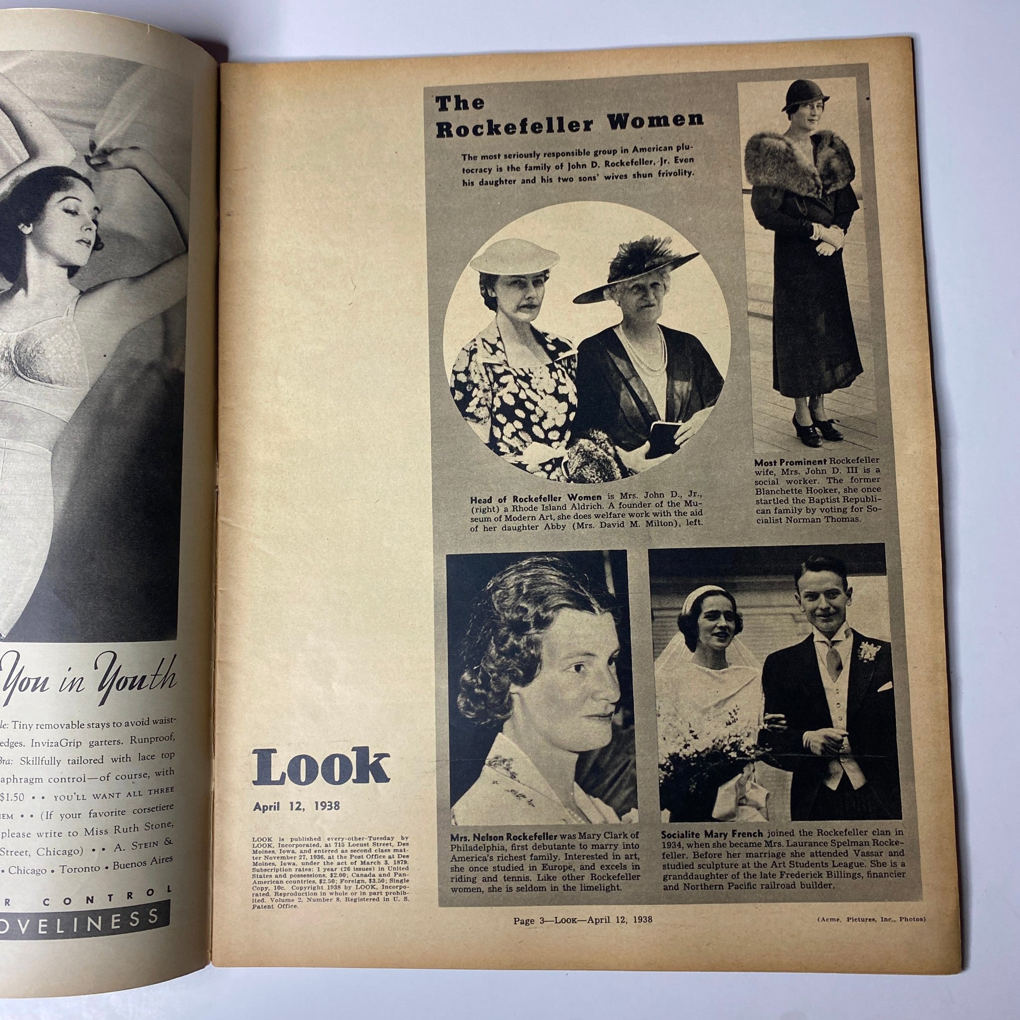 Look Magazine April 12, 1938 featuring a section on The Rockefeller Women, highlighting prominent figures in the Rockefeller family with portraits and descriptions, presented in very good condition.