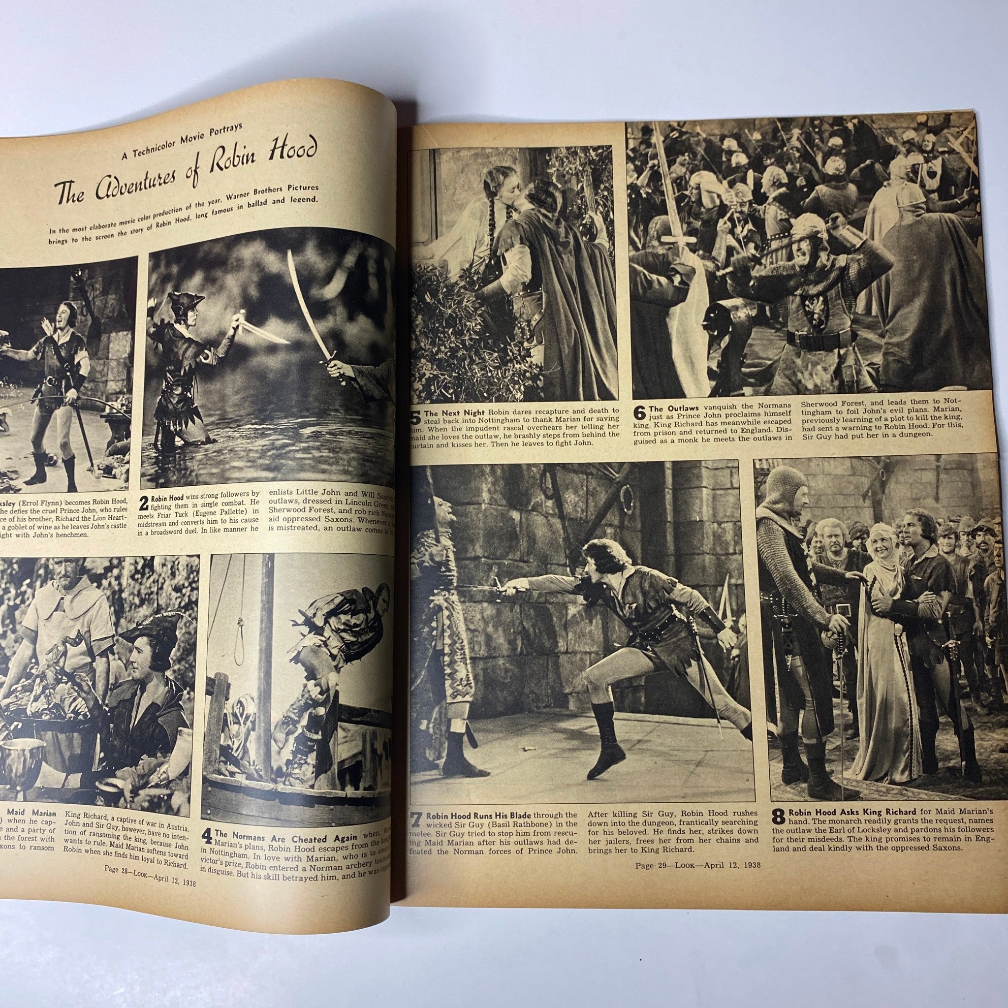 Look Magazine April 12, 1938 showcasing a feature on 'The Adventures of Robin Hood', with multiple images depicting scenes from the classic film, informative for movie enthusiasts.