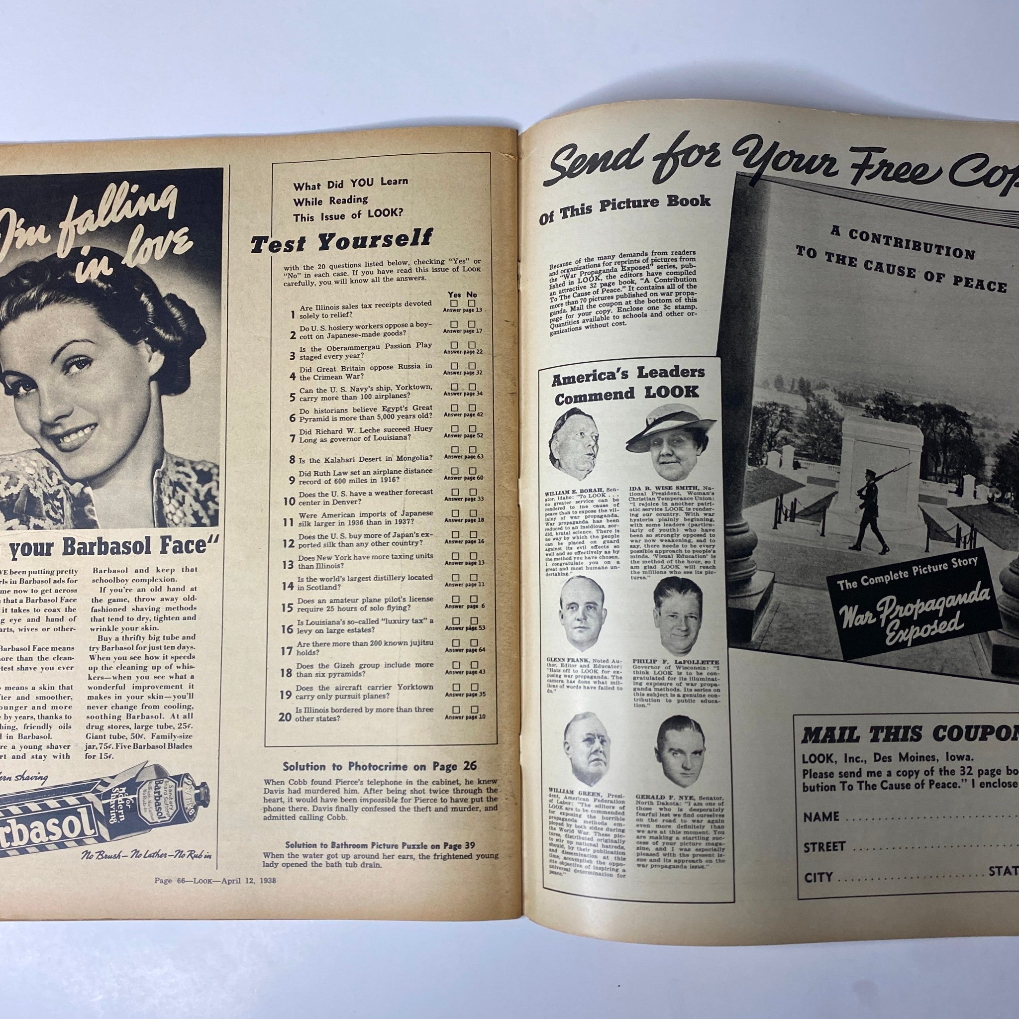 Look Magazine April 12, 1938 displaying ads with quizzes and reader engagement sections, including a picture and commentary on the magazine's appeal, useful for collectors.