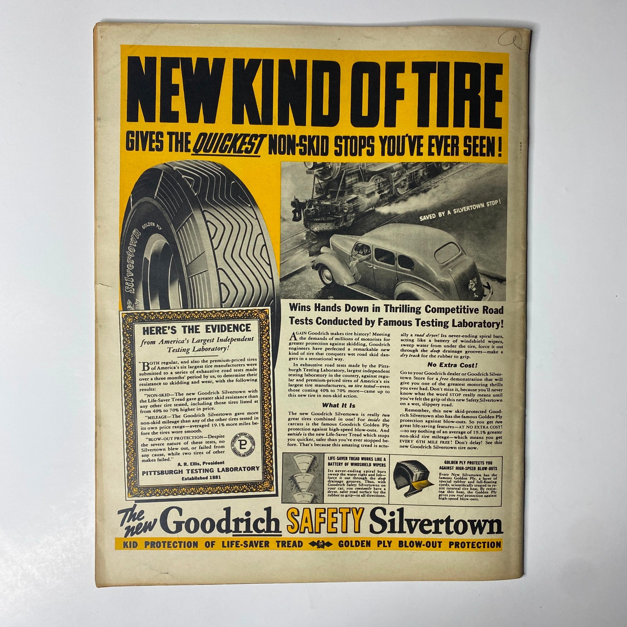 Look Magazine April 12, 1938 featuring an advertisement for the new Goodrich Safety Silvertown tire, highlighting its quick non-skid performance, ideal for automotive enthusiasts and collectors.