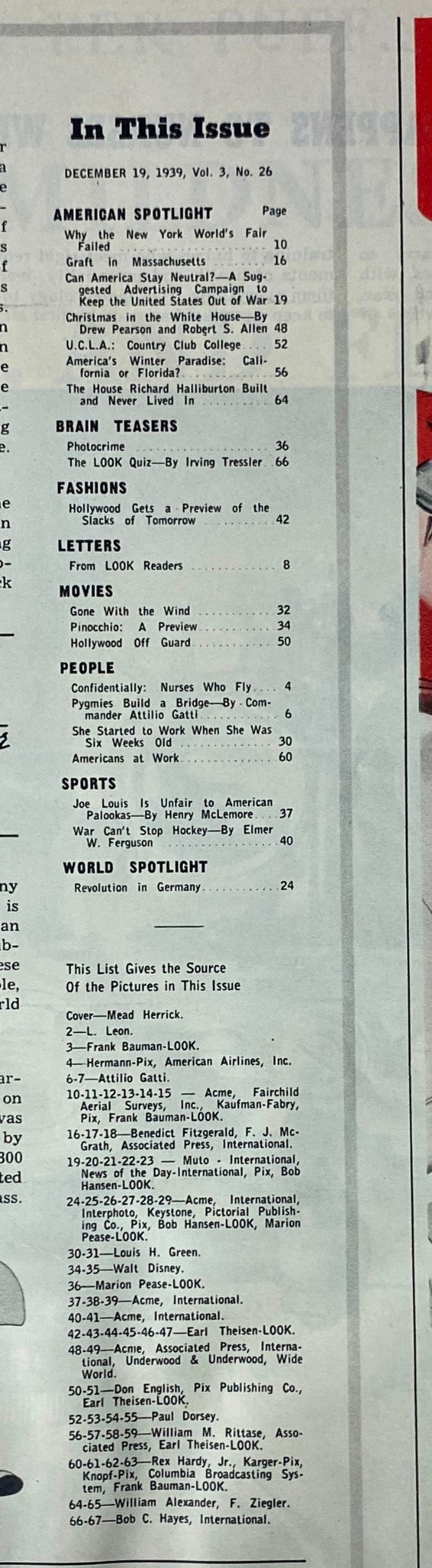 Table of contents for Look Magazine December 19, 1939 featuring articles such as 'America's Heart is America's Tragedy' and 'Christmas in the White House', showcasing the cultural climate before World War II.
