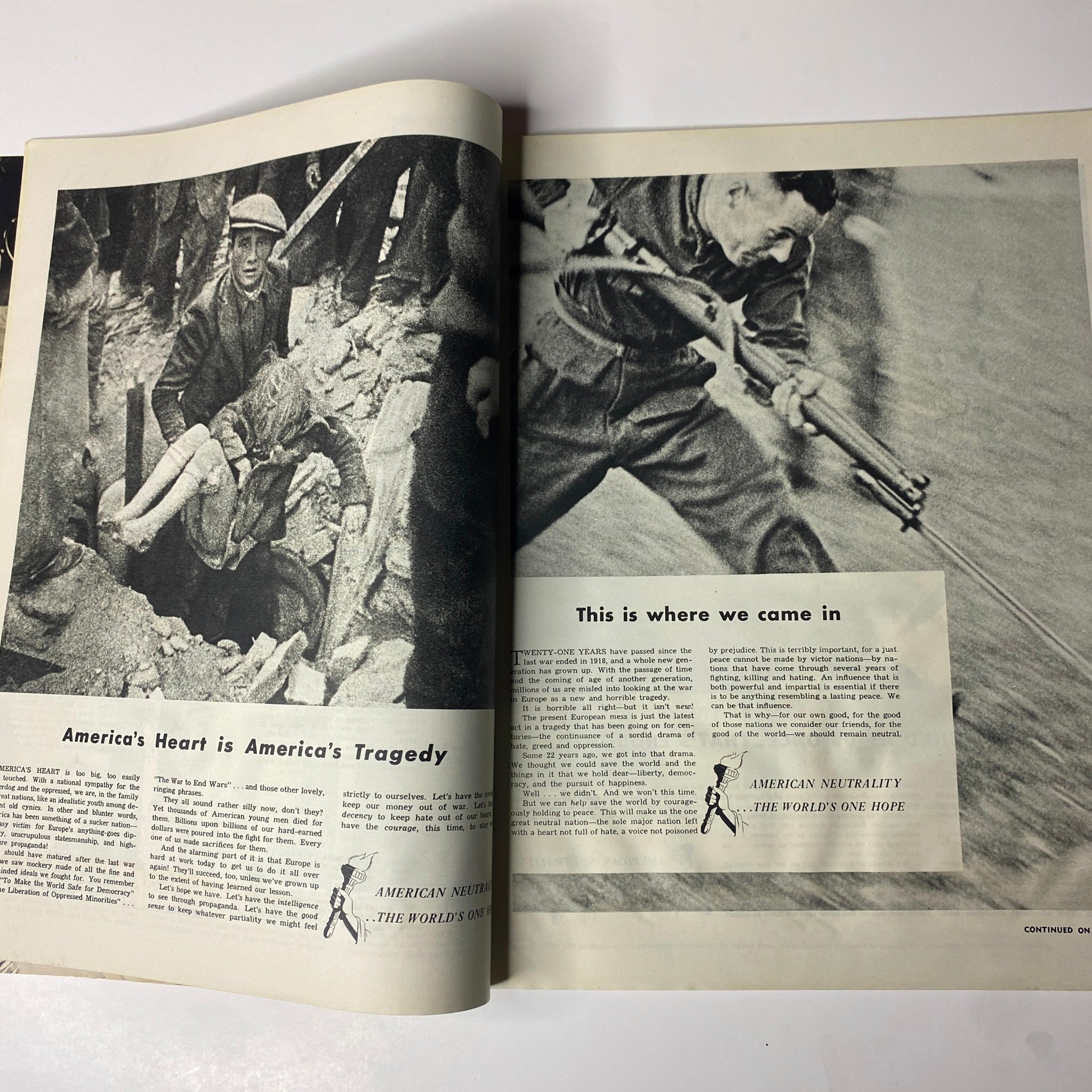 An illustration highlighting the theme 'America's Heart is America's Tragedy' in Look Magazine December 19, 1939, depicting the emotional toll of the world war.