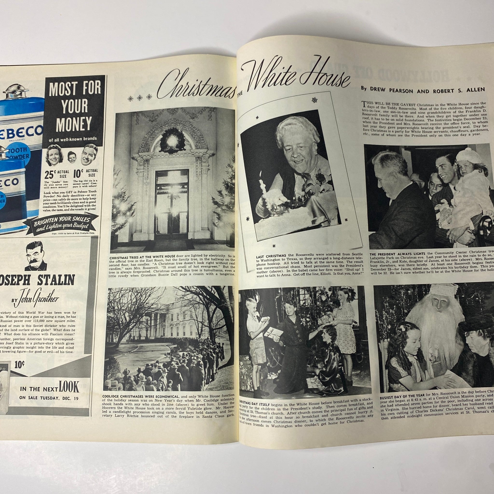 Feature article 'Christmas in the White House' from Look Magazine December 19, 1939, detailing holiday celebrations at the White House with images and anecdotes.