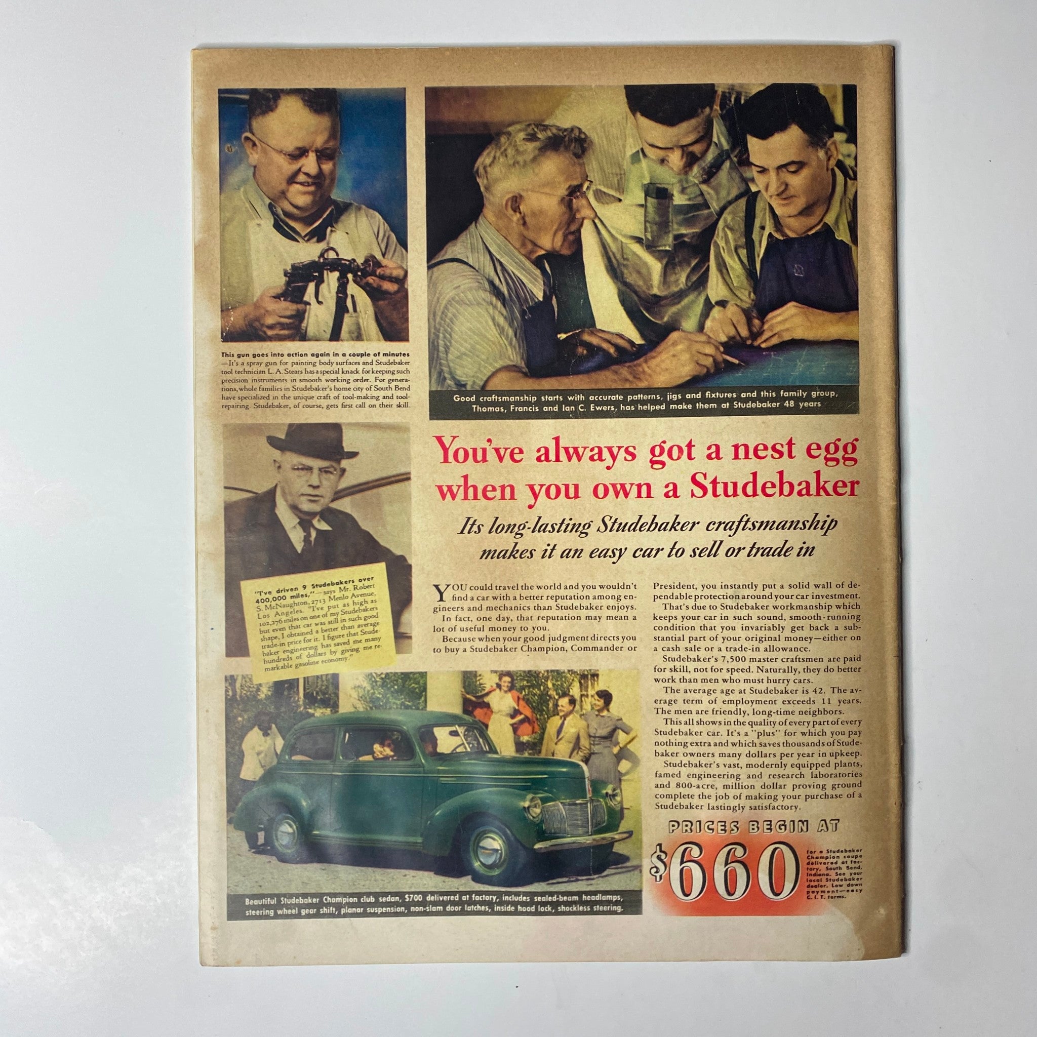 Advertising page for Studebaker in Look Magazine December 19, 1939, emphasizing craftsmanship and the car's value as a practical investment.