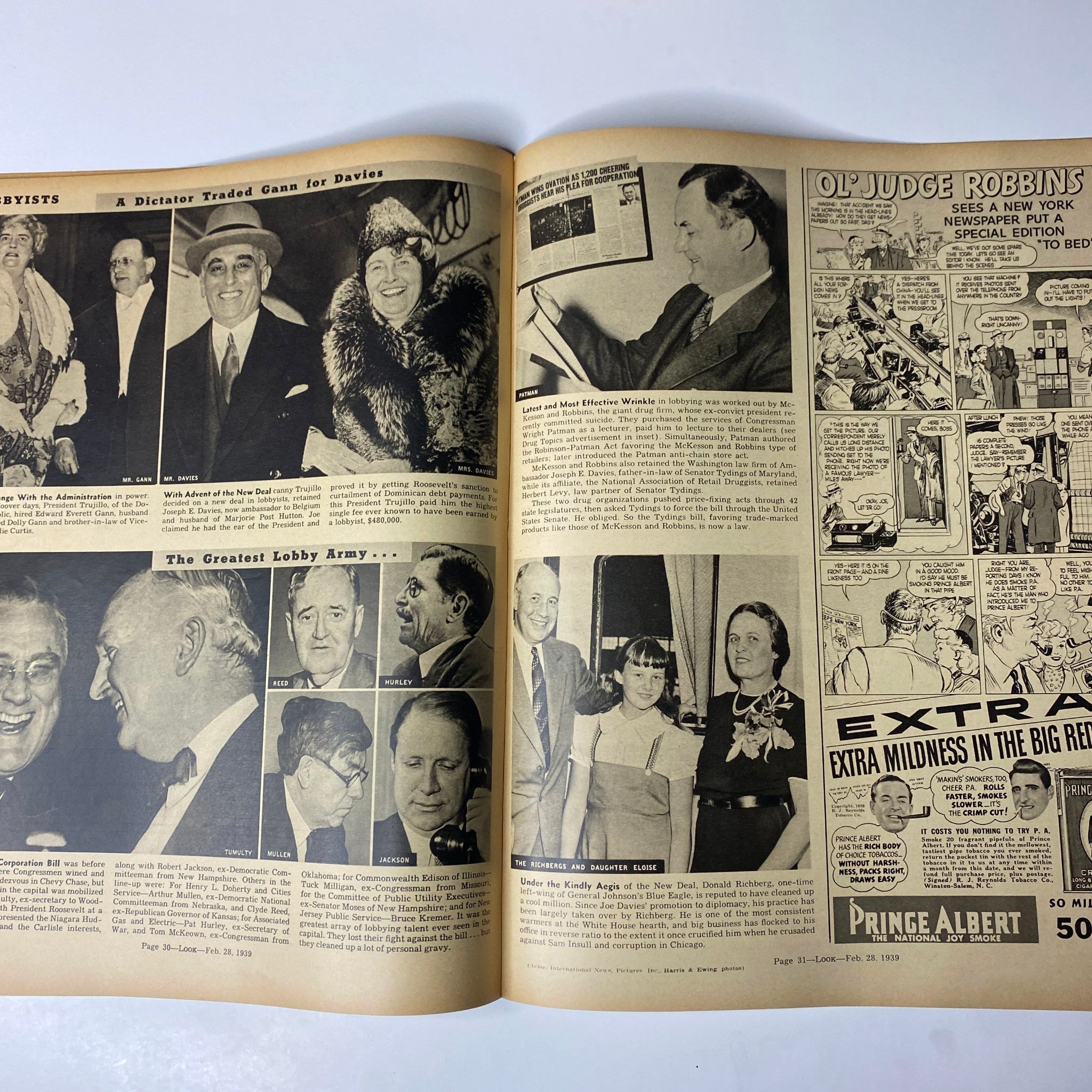 A double-page spread from Look Magazine February 28, 1939, highlighting lobbyists and notable figures with text discussing political influences and legislation.