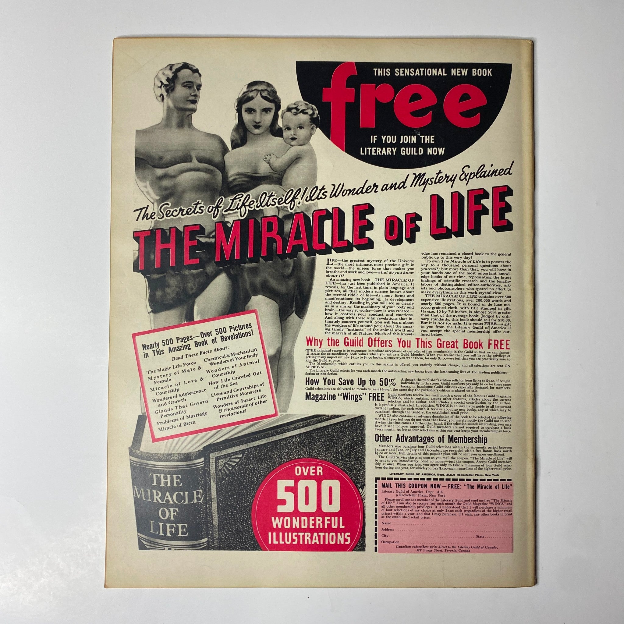 Advertisement page in Look Magazine February 28, 1939, promoting 'The Miracle of Life' book with eye-catching graphics and offers for joining the Literary Guild.