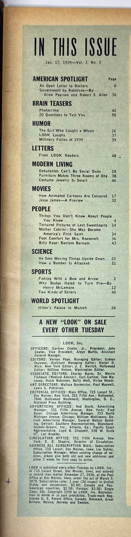 Table of contents from Look Magazine, January 17, 1939, detailing various articles including 'An Open Letter to Doctors' and 'Hitler's Palace in Munich'. This page reflects the diverse topics covered in the issue.