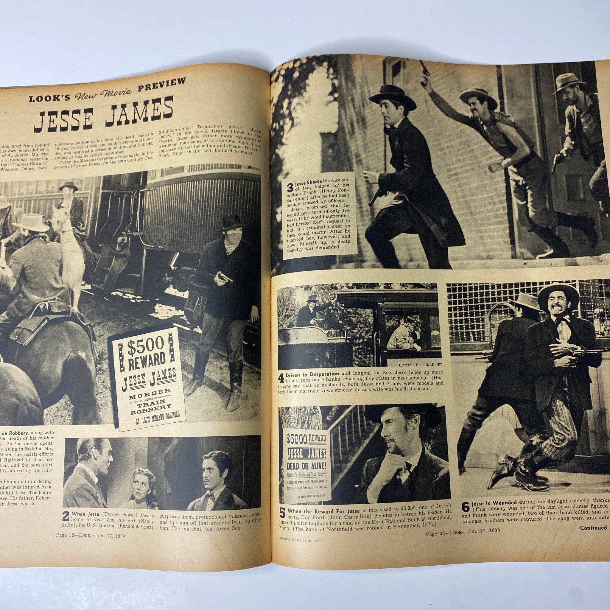Look Magazine January 17, 1939 feature on Jesse James, showcasing images and a narrative related to the film about the infamous outlaw.