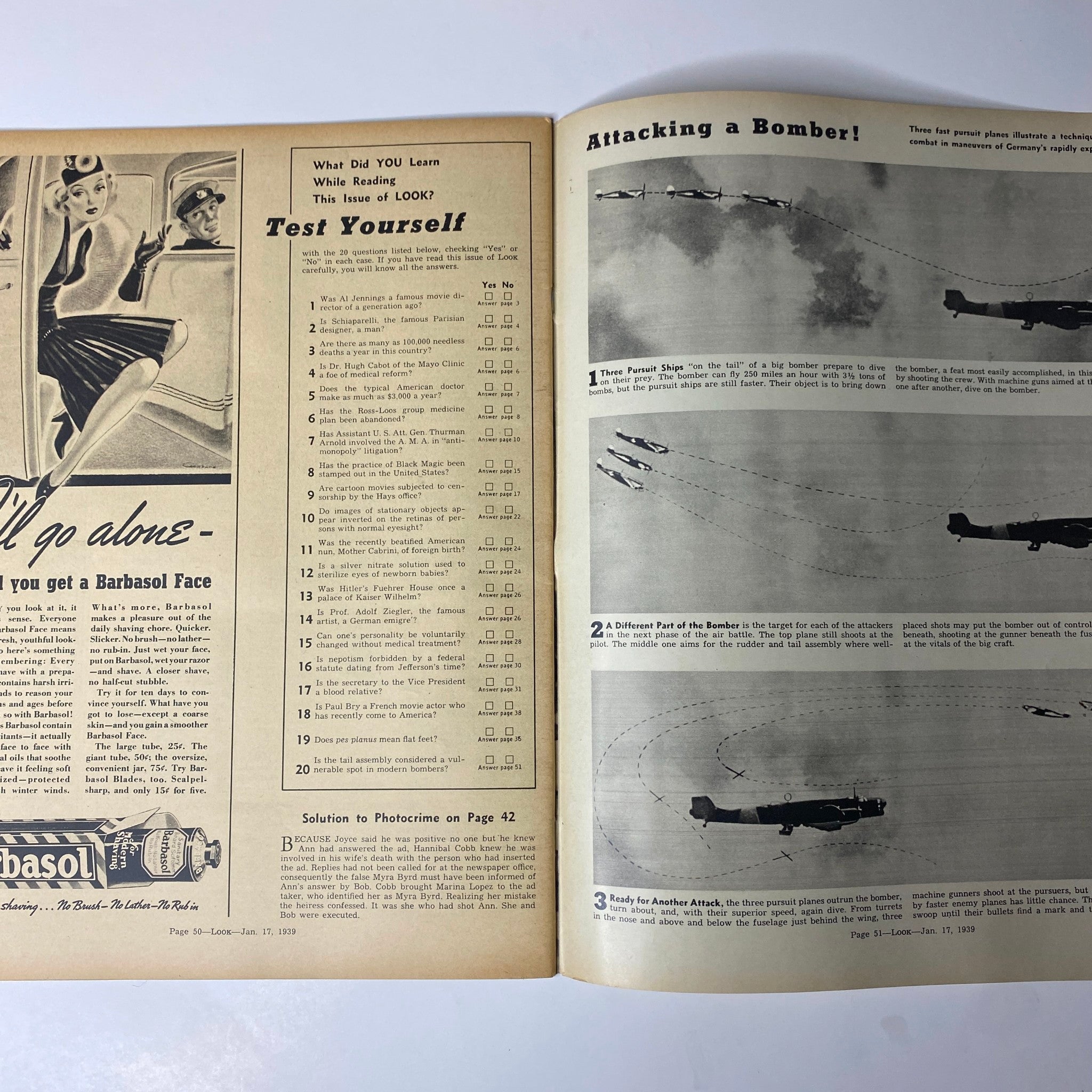 Look Magazine January 17, 1939 page titled 'Attacking a Bomber', illustrating aerial combat techniques with accompanying images.