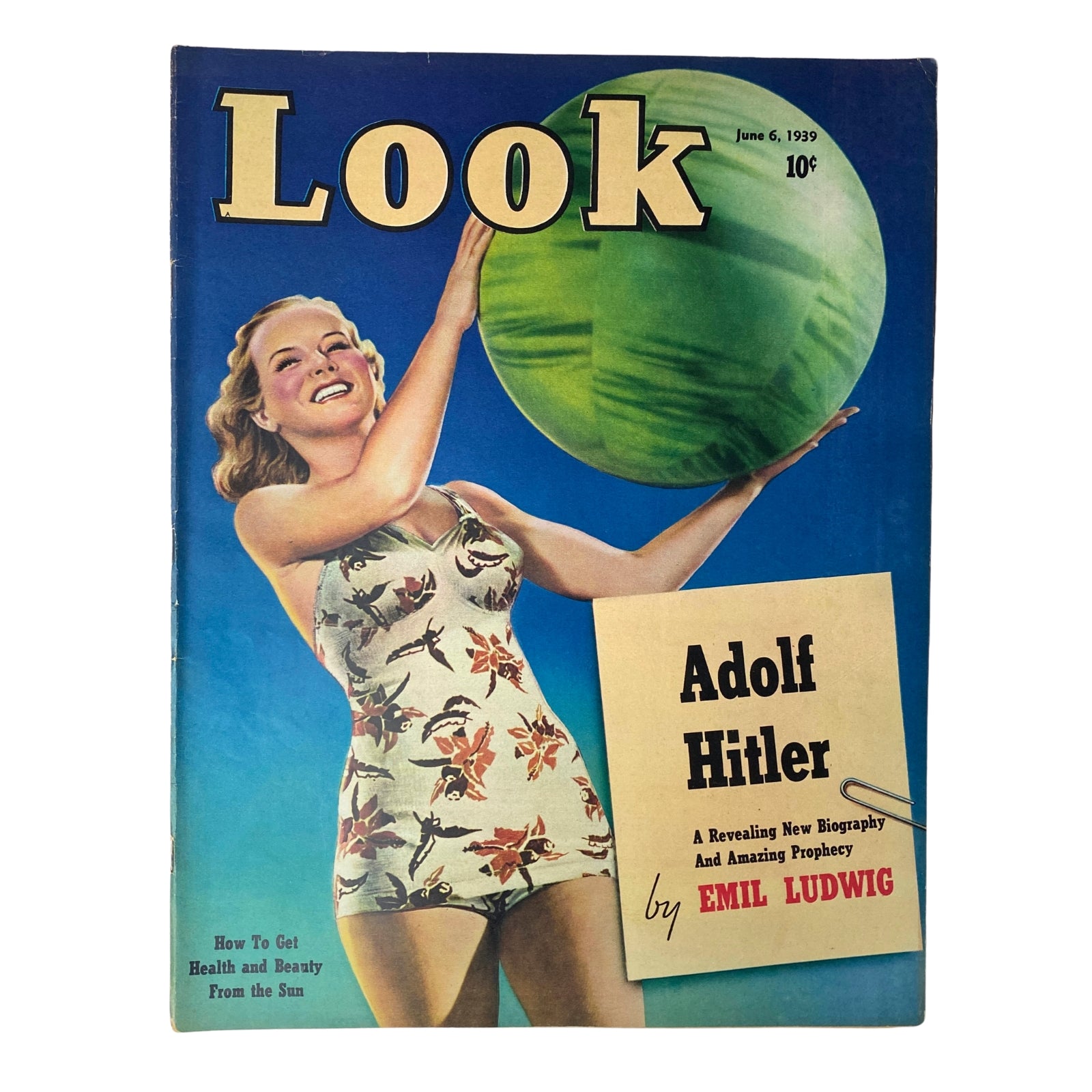 Look Magazine cover from June 6, 1939 featuring the title 'Look' prominently, along with 'Adolf Hitler: A Picture Biography' by Emil Ludwig, and an illustration of a woman in a floral swimsuit holding a large green ball.