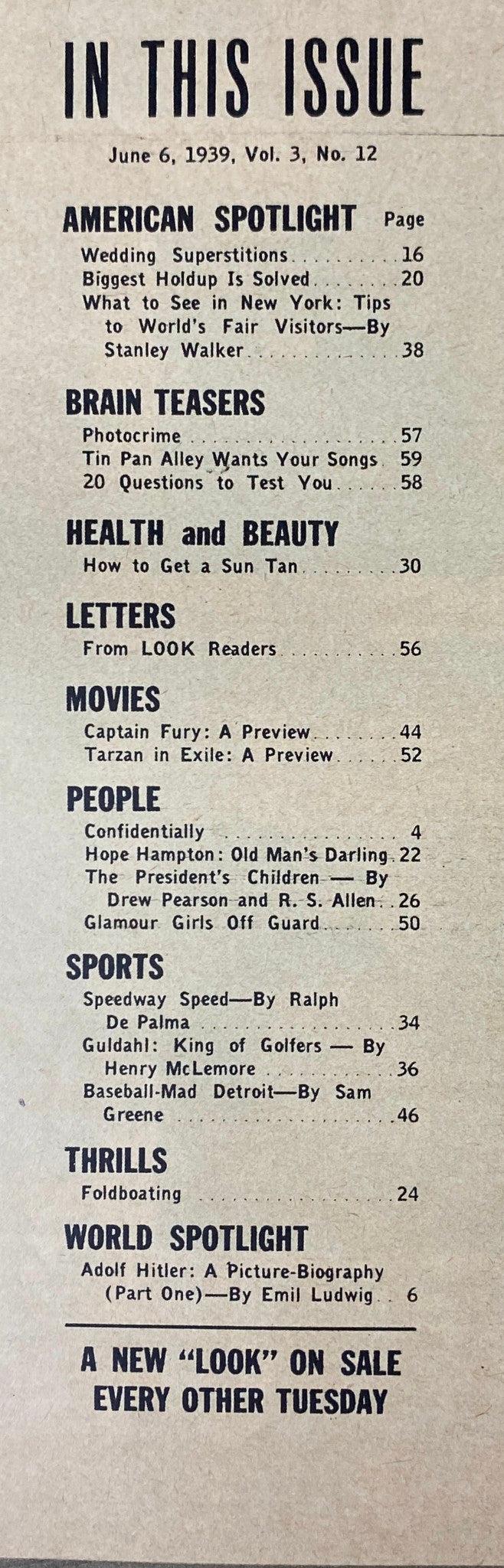 Table of contents page from Look Magazine dated June 6, 1939, listing articles including 'Adolf Hitler: A Picture Biography' by Emil Ludwig, along with various features such as health tips and previews of movies.