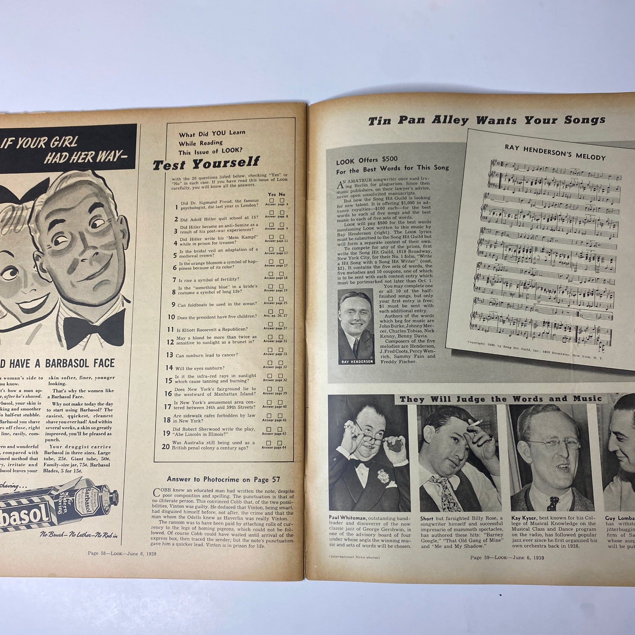 Look Magazine June 6, 1939 Adolf Hitler - A Picture Biography, showcasing a test yourself section with humorous graphics and questions, in very good condition.