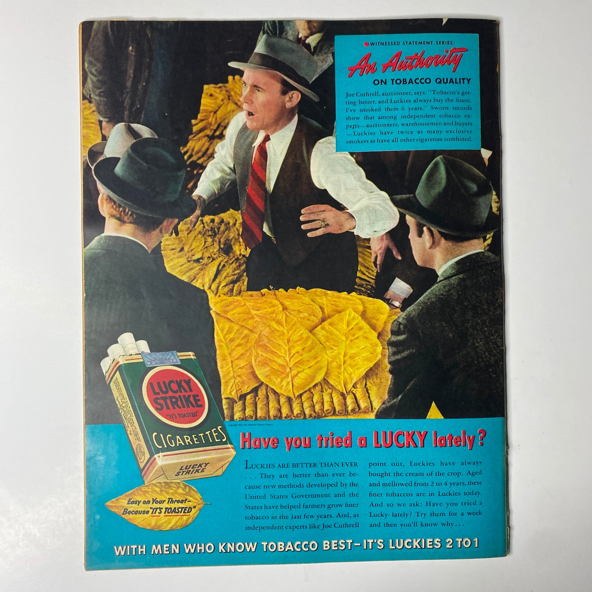Look Magazine June 6, 1939 Adolf Hitler - A Picture Biography, presenting a vibrant advertisement for Lucky Strike cigarettes featuring men discussing tobacco quality, in very good condition.