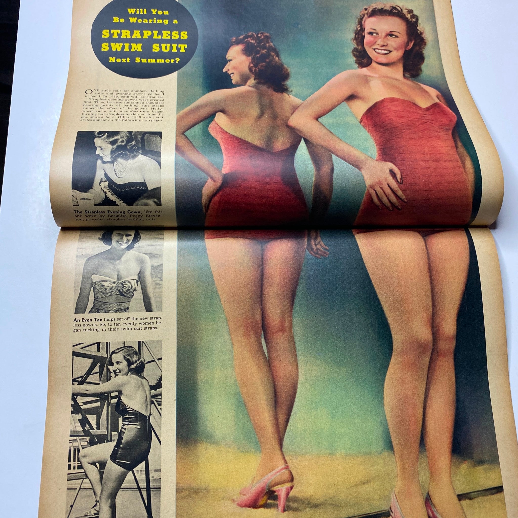 Vintage advertisement from Look Magazine January 31, 1939 featuring strapless swim suits, showcasing a model in a red strapless bathing suit with a headline asking if you will be wearing one next summer.