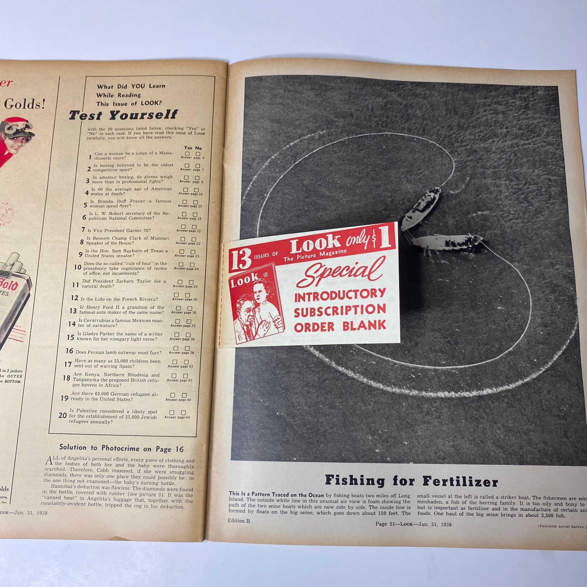 Inside page of Look Magazine January 31, 1939 displaying a quiz titled 'Test Yourself' and an article titled 'Fishing for Fertilizer' with an introductory subscription order blank for Look.