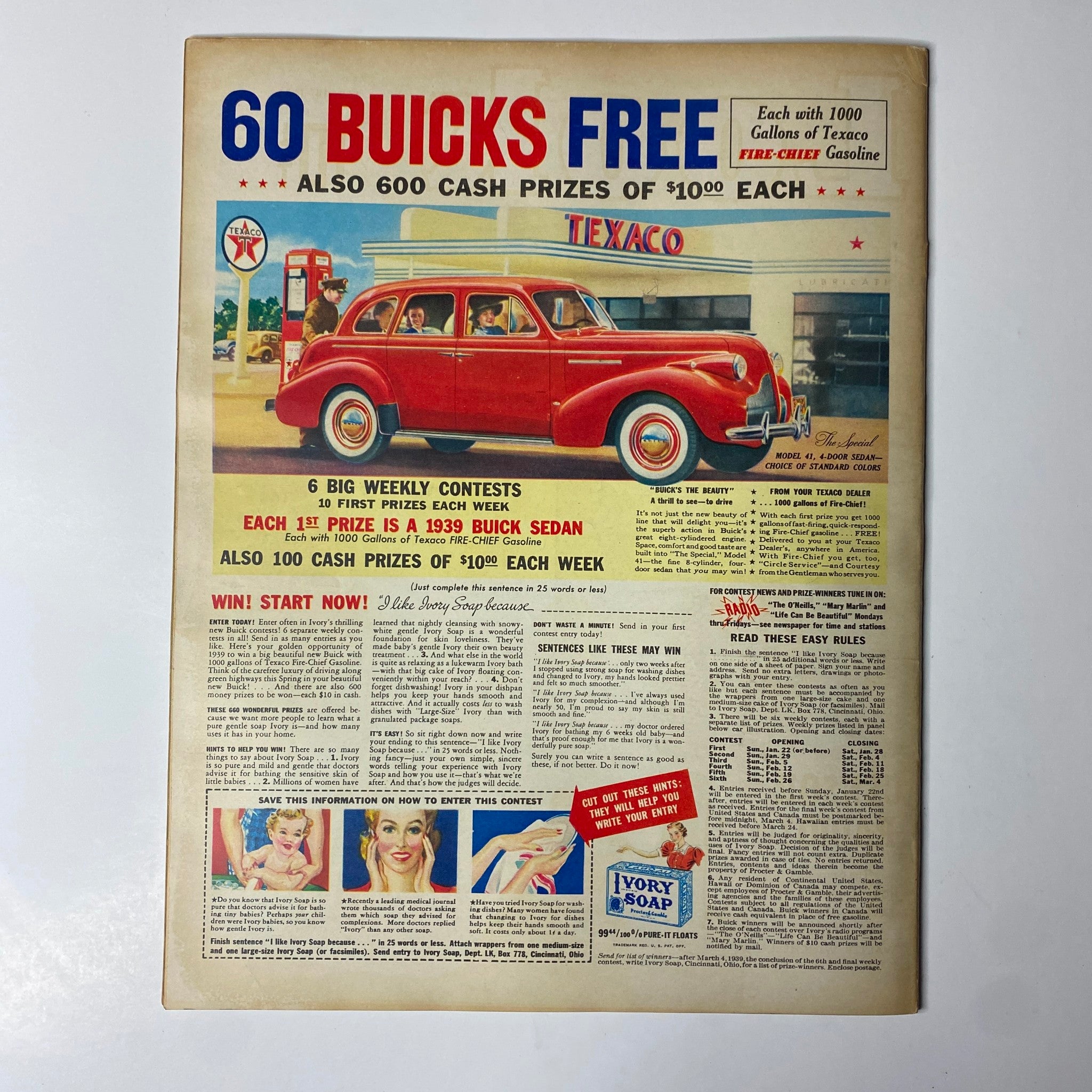 Promotional advertisement from Look Magazine January 31, 1939 announcing a contest to win a 1939 Buick sedan, featuring a Texaco gas station and details about cash prizes.