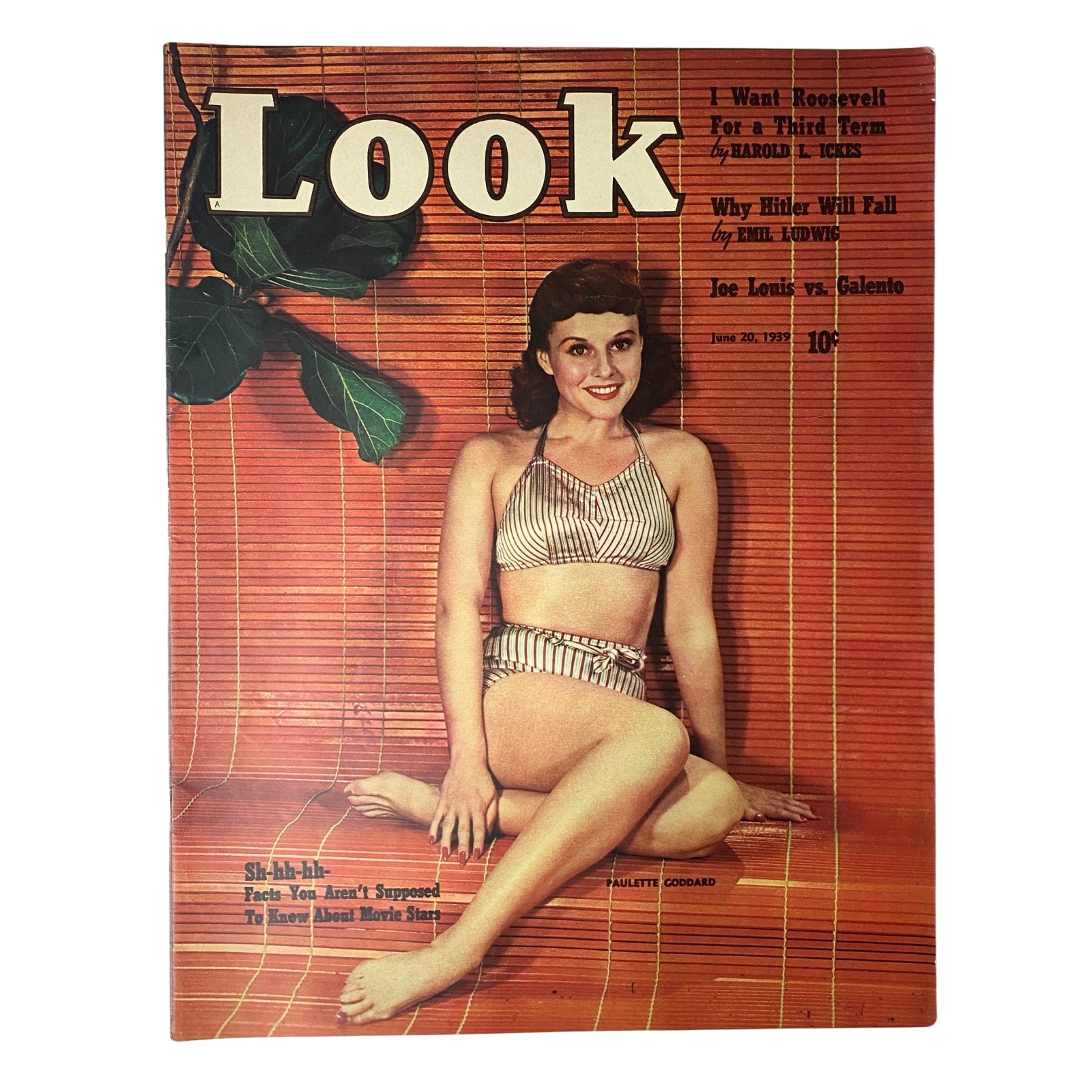 Cover of Look Magazine, June 20, 1939 featuring Paulette Goddard. The magazine showcases vintage design and includes articles on American politics and Hollywood. Very good condition, no mailing label.
