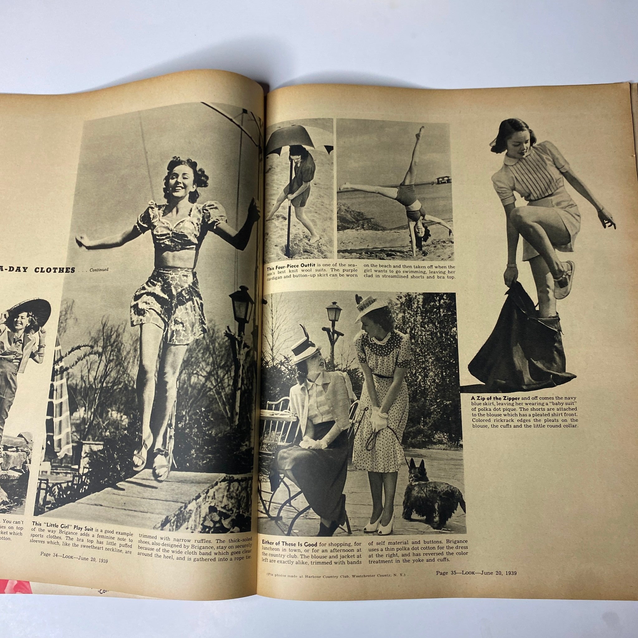 Look Magazine June 20, 1939 features vintage fashion styles, showcasing a variety of summer day clothes, including a lively four-piece outfit and models engaged in activities like jumping rope and walking dogs.